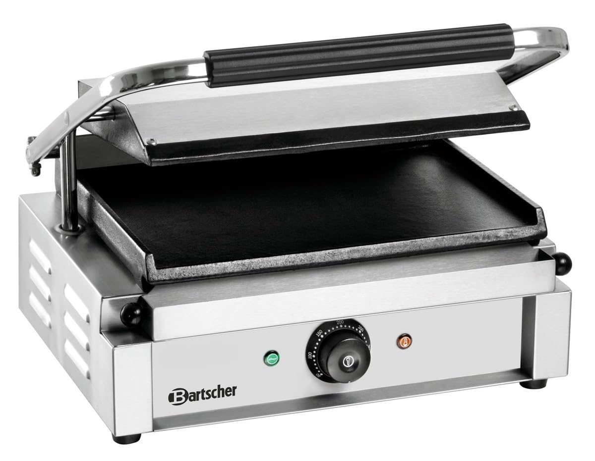 Bartscher Kontaktgrill Panini 1G – elektrischer Grill mit glatter Gusseisenplatte, 230 V, 2,2 kW, für Gastronomie, silbergrau, inkl. Reinigungsbürste