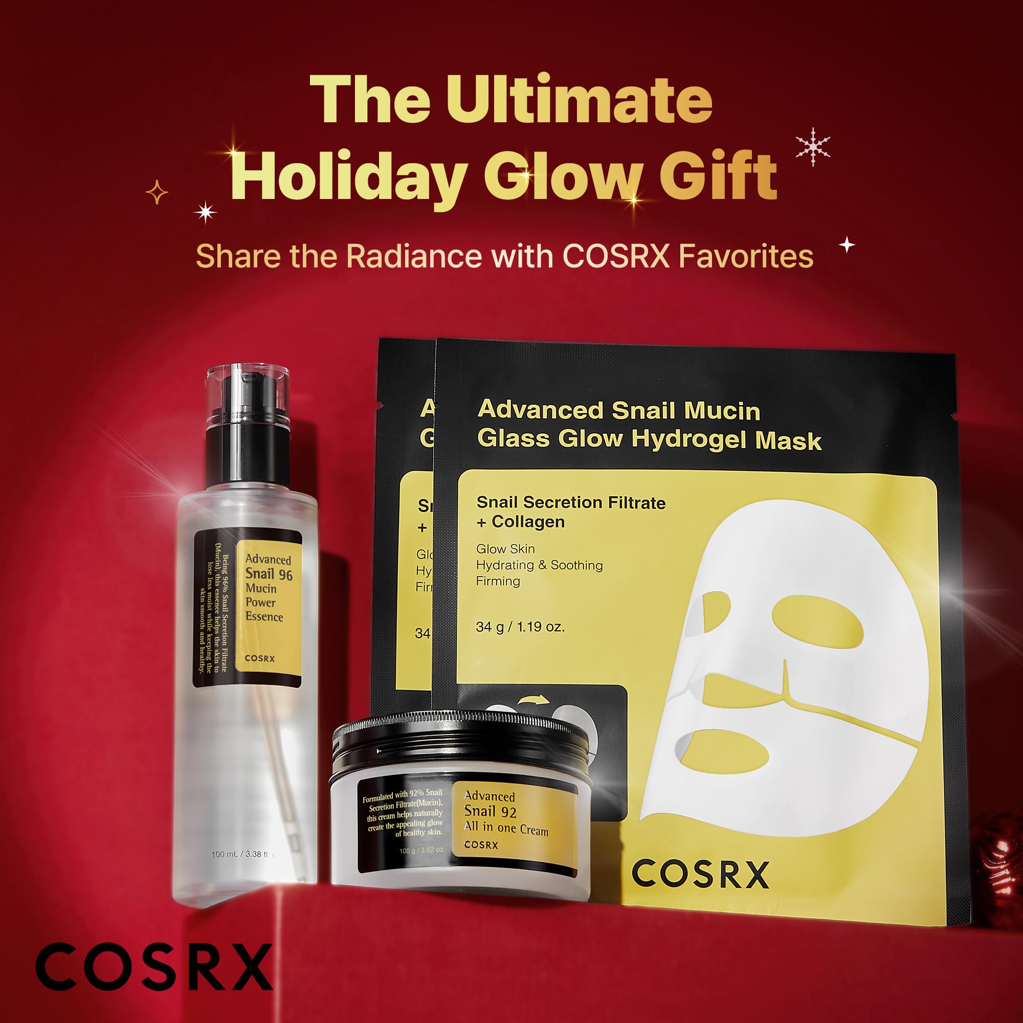 COSRX Snail Mucin Limited Gift Set with Snail Mucin Repairing Serum, Moisturizer & Collagen Face Mask, Korean Skin Care Set, Gifts for Women, Amazon Exclusive