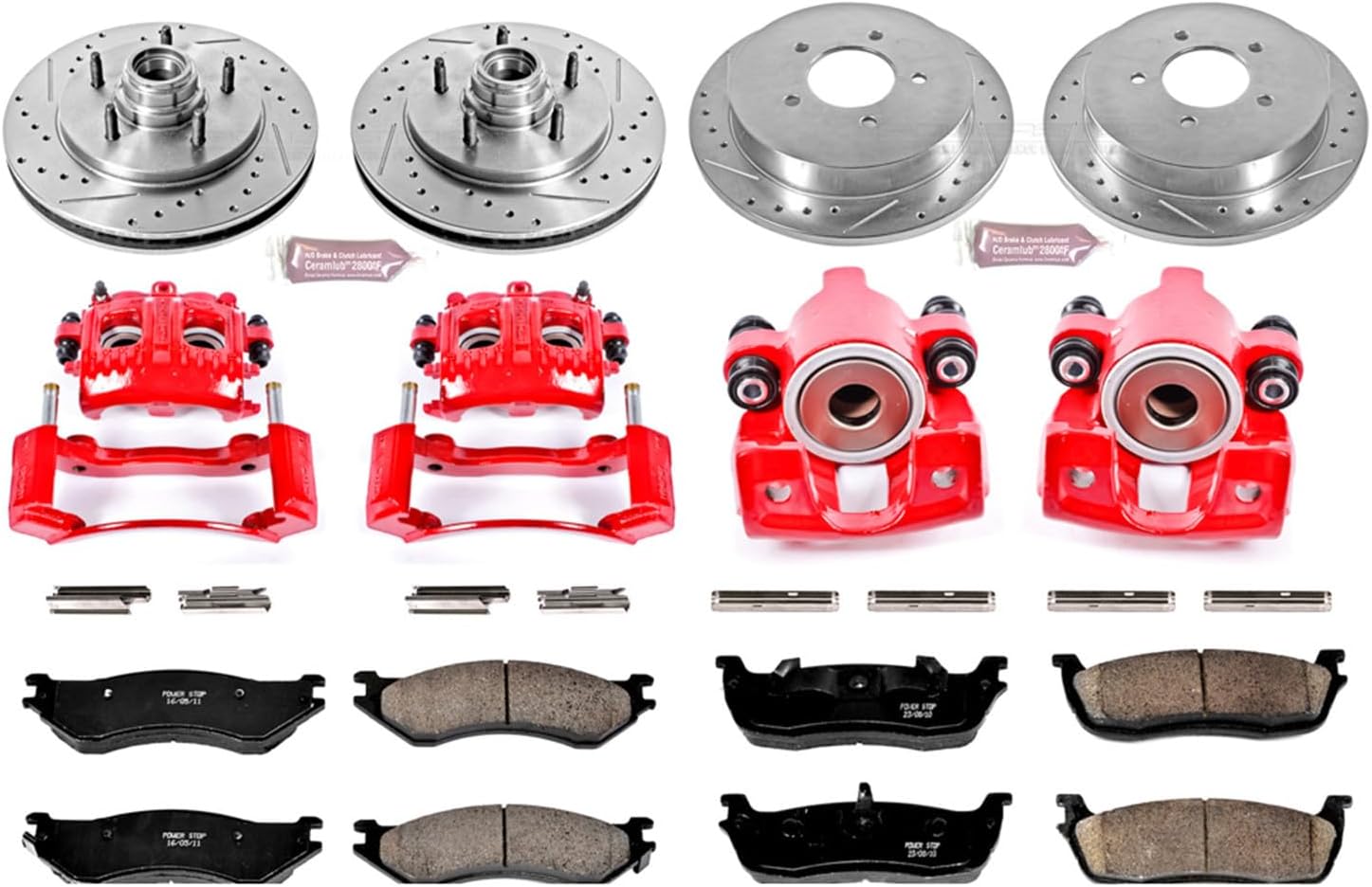 PowerStop Front and Rear Brake Kit For Ford Expedition 1997-00 |Lincoln Navigator 1998-00 - Powder Coated Calipers + Carbon Fiber Ceramic Brake Pads + Drilled & Slotted Rotors Upgrade, KC1880