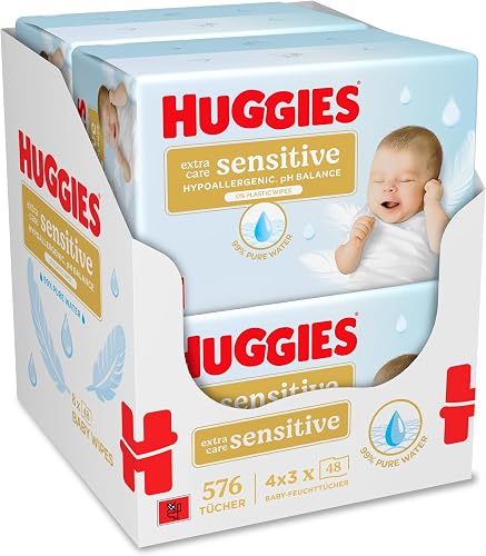 Huggies Pure Extra Care Sensitive Baby-Feuchttücher, 99 Prozent Wasser, ohne Plastik, 12er Pack (4 x 3 Packungen, 576 Tücher), parfümfrei