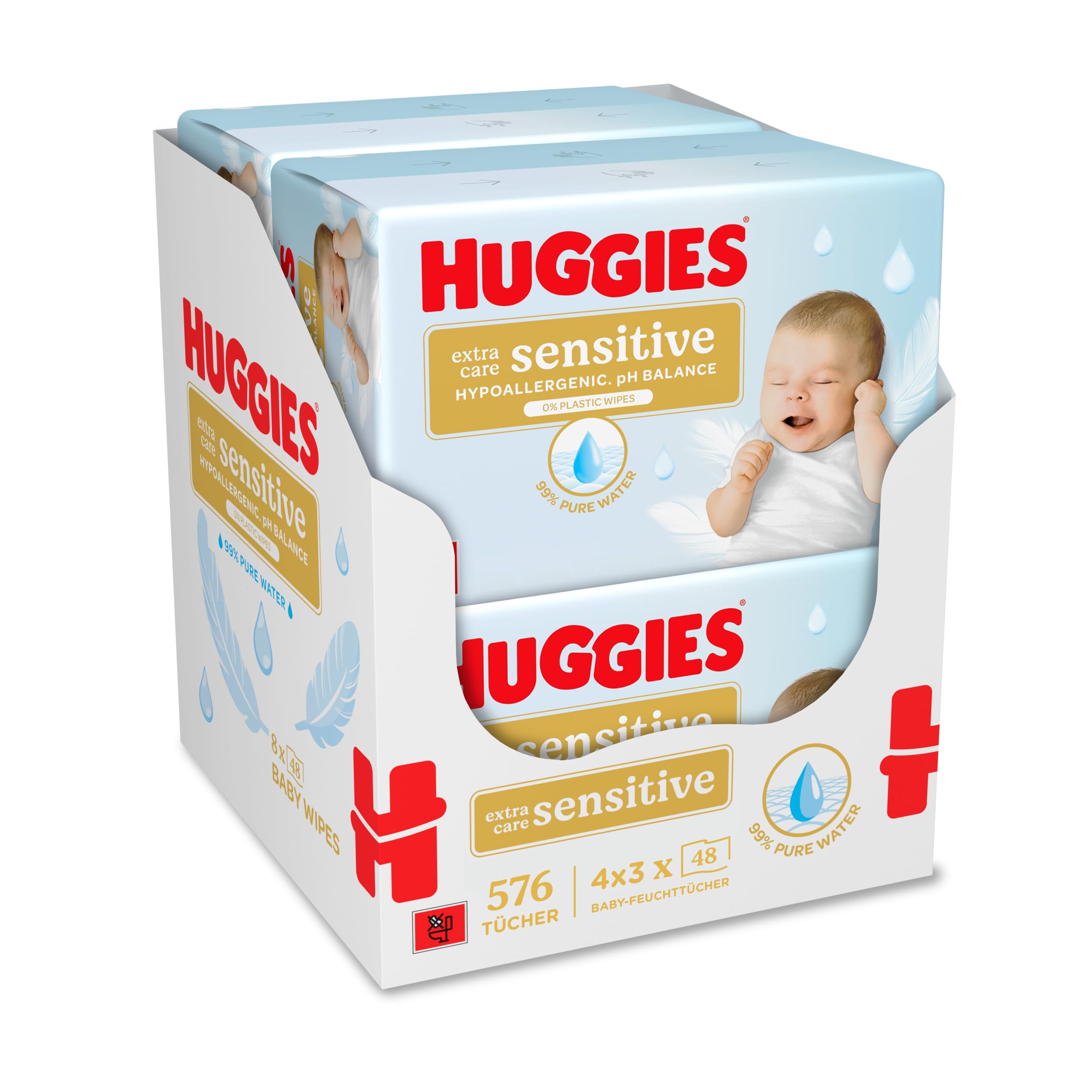 Huggies Pure Extra Care Sensitive Baby-Feuchttücher, 99 Prozent Wasser, ohne Plastik, 12er Pack (4 x 3 Packungen, 576 Tücher), parfümfrei