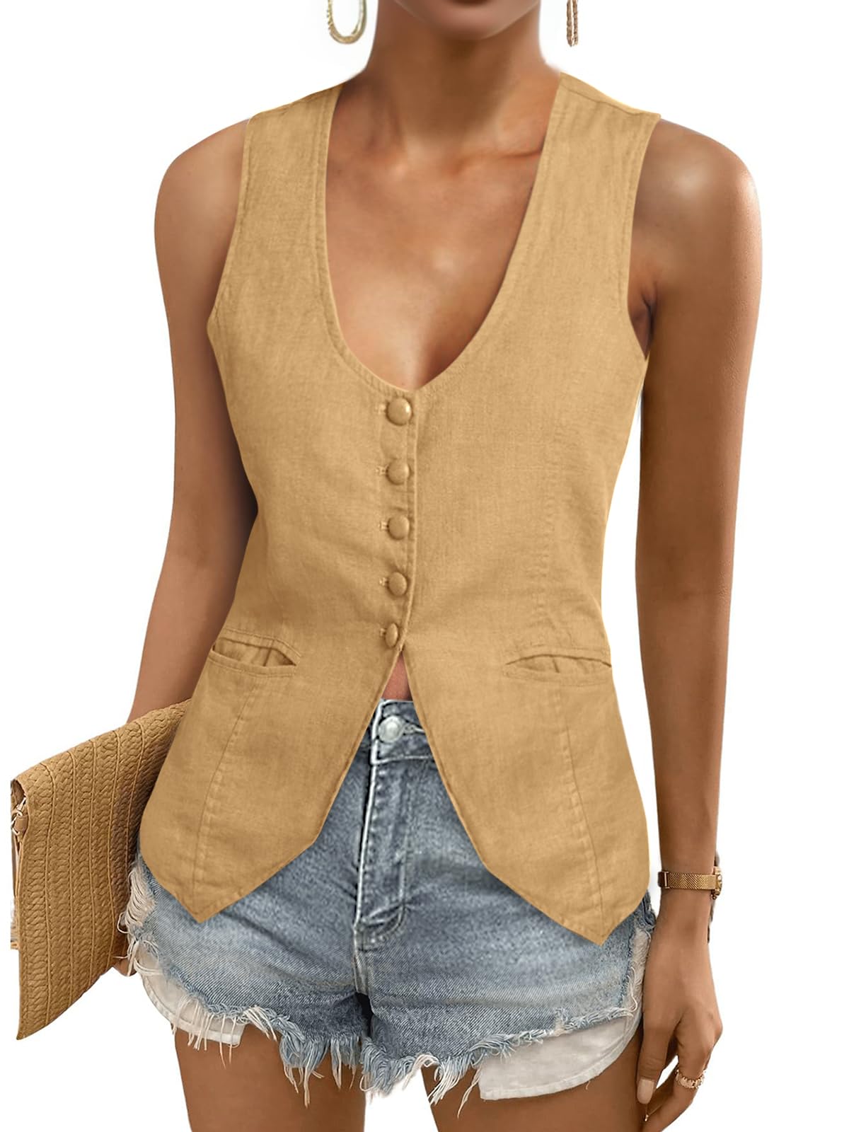 Tankaneo Womens Scoop Neck Blazer Vest Summer Linen Sleeveless Fitted Waistcoat Work Casual Cotton Suit Tops