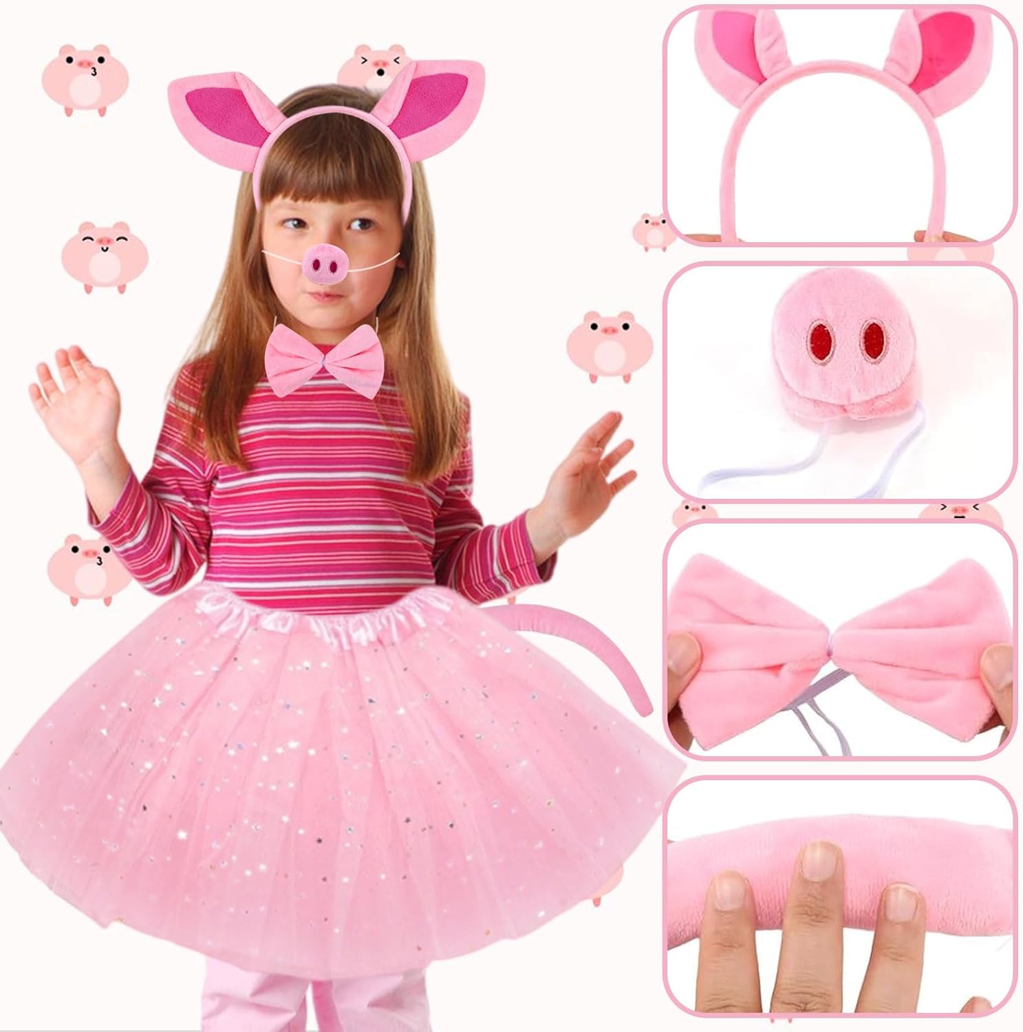 Pig Costume Set - Pig Ears Headband Nose Tail Bow Tie Tutu Skirt Accessories Animal Costumes Halloween Cosplay Christmas Birthday Gifts - Image 4