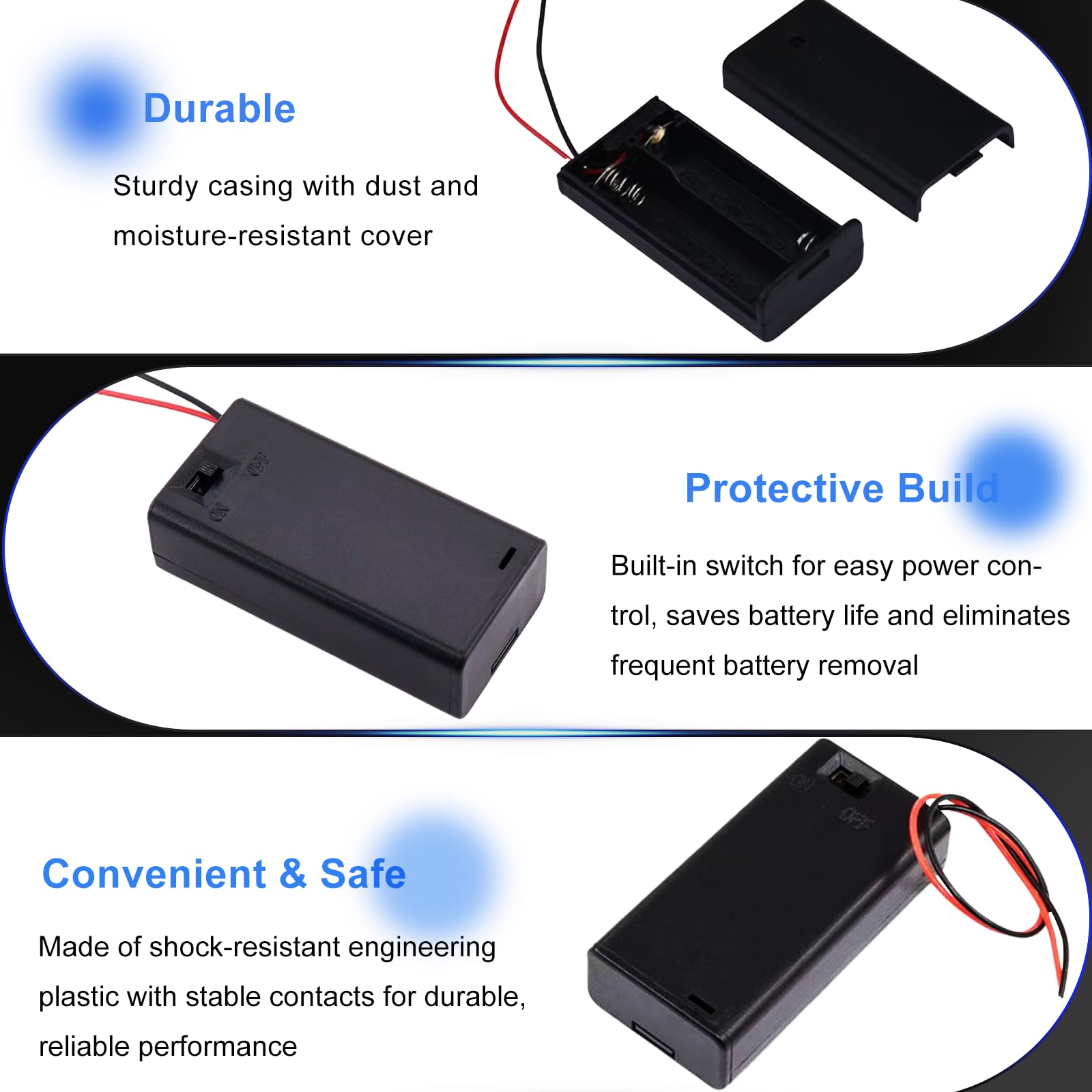 10 Piezas Soporte de Batería Plástico para 2 Pilas AA 3V con Tapa, Portapilas AA 2 Pilas, Interruptor On/Off y Cables de Conexión para Proyectos Electrónicos DIY y Reemplazo de Soportes Rotos - 4