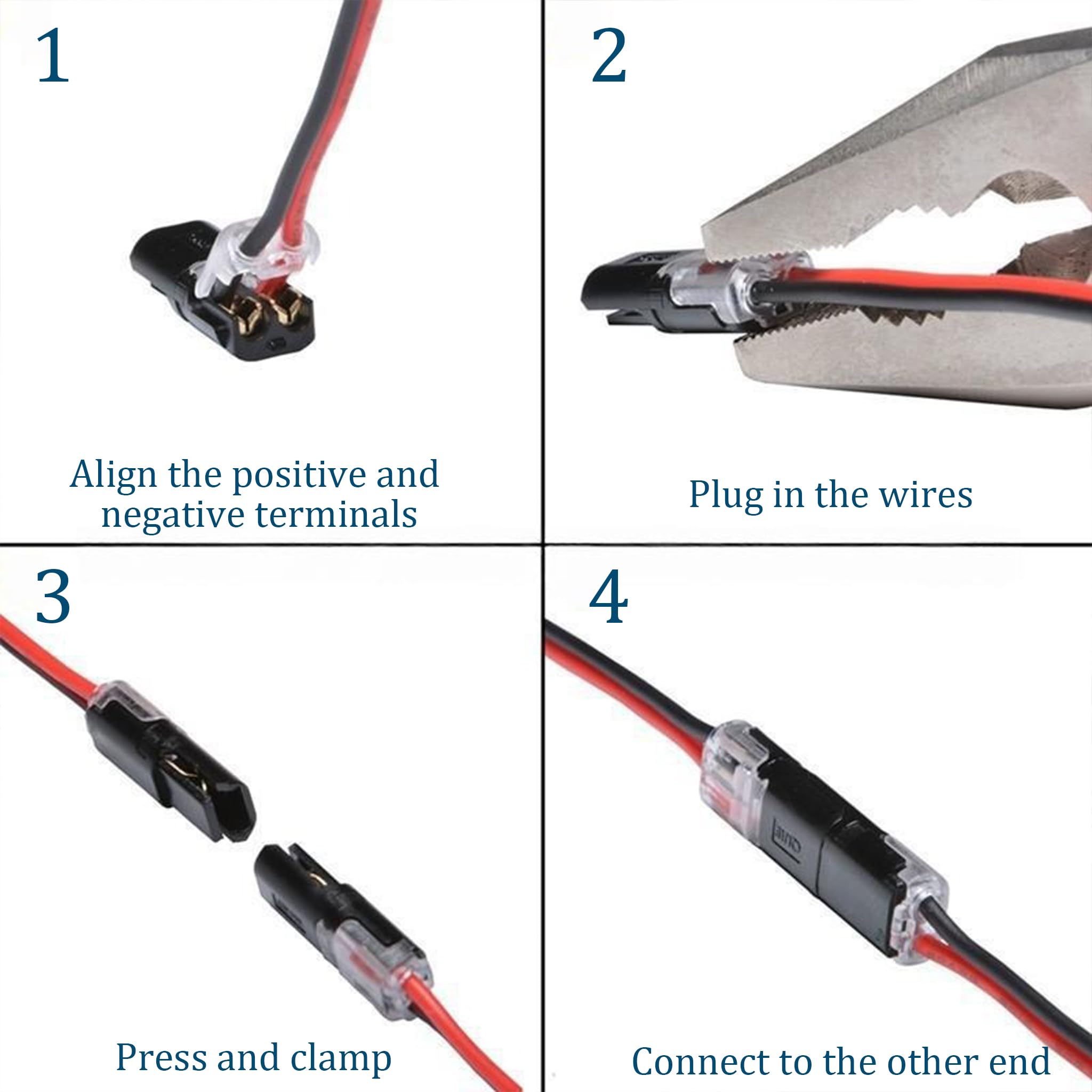 Paquete de 50 conectores de cable no requiere pelado, terminales de cable de bajo voltaje de 2 pines sin soldadura para 18-22 AWG, empalme rápido para altavoz automotriz de tira LED (máximo 10 A)