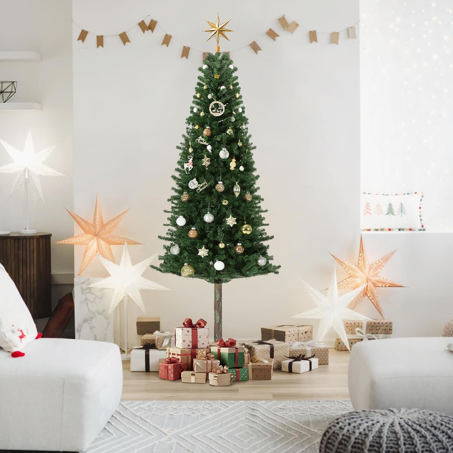 IDEALHOUSE 7.5FT Pre-Lit Pencil Christmas Tree, Artificial Slim Christmas Tree with LED Warm White Lights & Metal Stand,Realistic Xmas Tree Holiday Party Decoration for Indoor and Outdoor Use