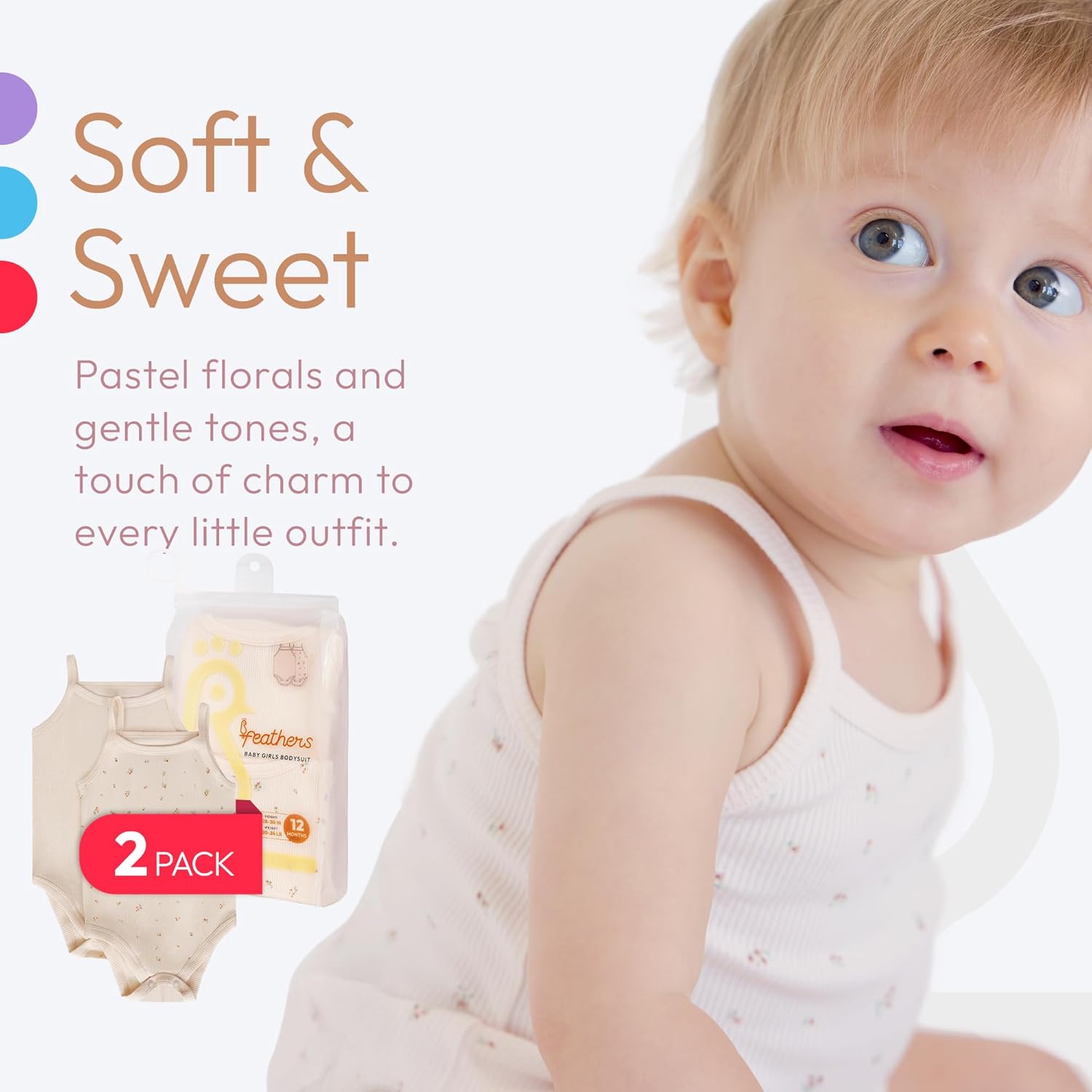 Feathers Super Soft Cotton Tank Top Baby Girl Undershirts – One-Piece Toddler Bodysuit (2 Pack) - Image 4