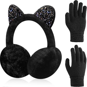 Toddler Winter Earmuffs and Kids Gloves Set, Winter Kids Earmuff Warm Ear Muffs, 1 Pair Knit Gloves, Ages 3-10