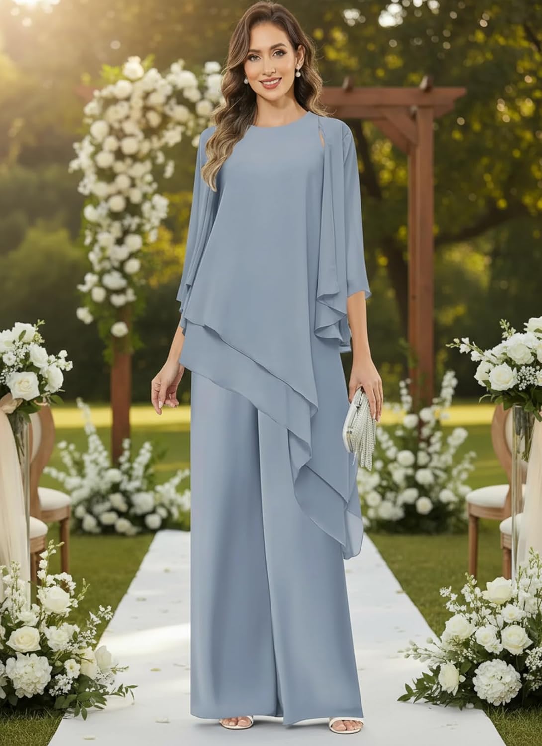 3 Pieces Chiffon Mother of the Bride Pant Suit Women's Ruched Asymmetrical Formal Pantsuit