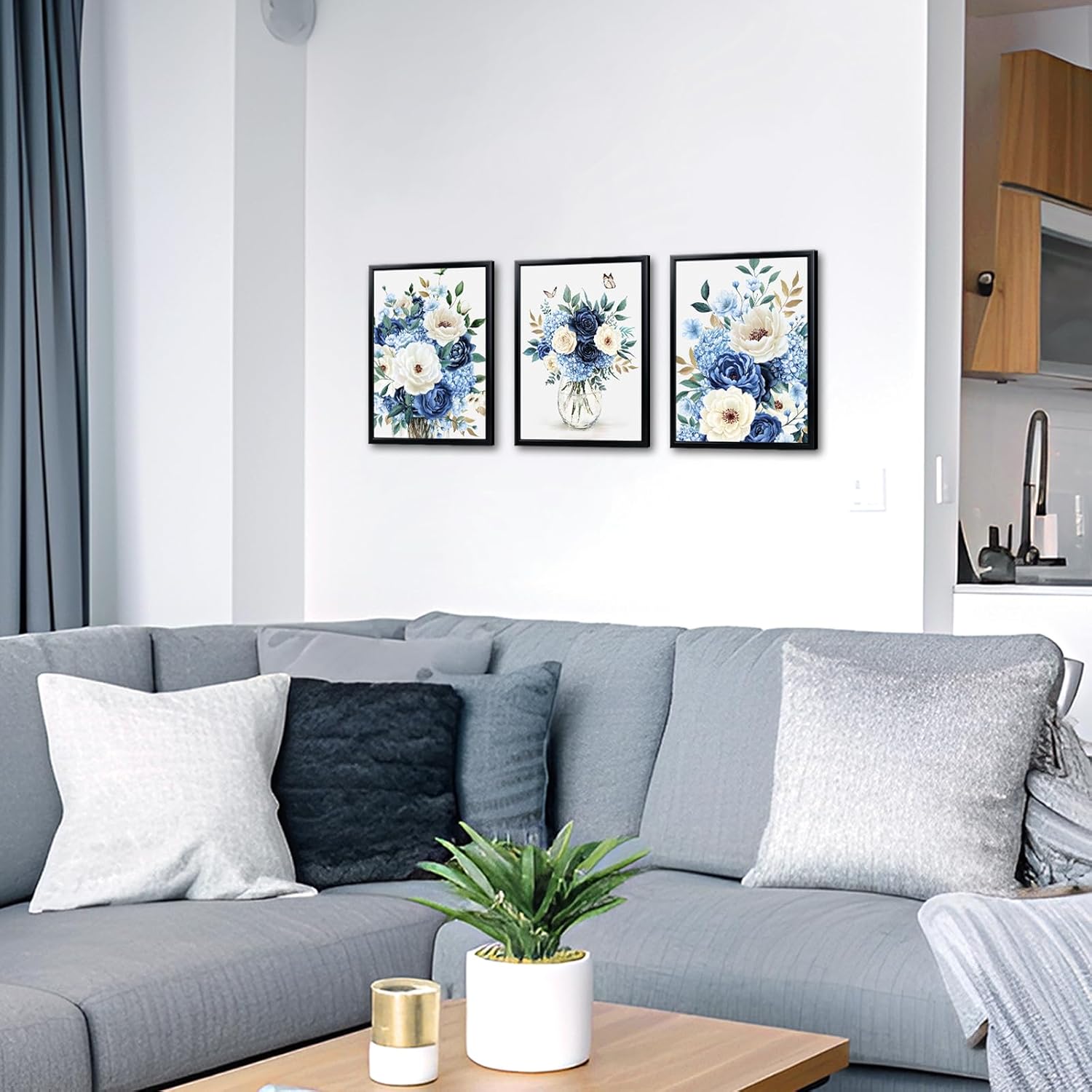 sechars Blue and White Floral Wall Art Navy Rose and Hydrangea Botanical Paintings Modern Bathroom Kitchen Wall Decor