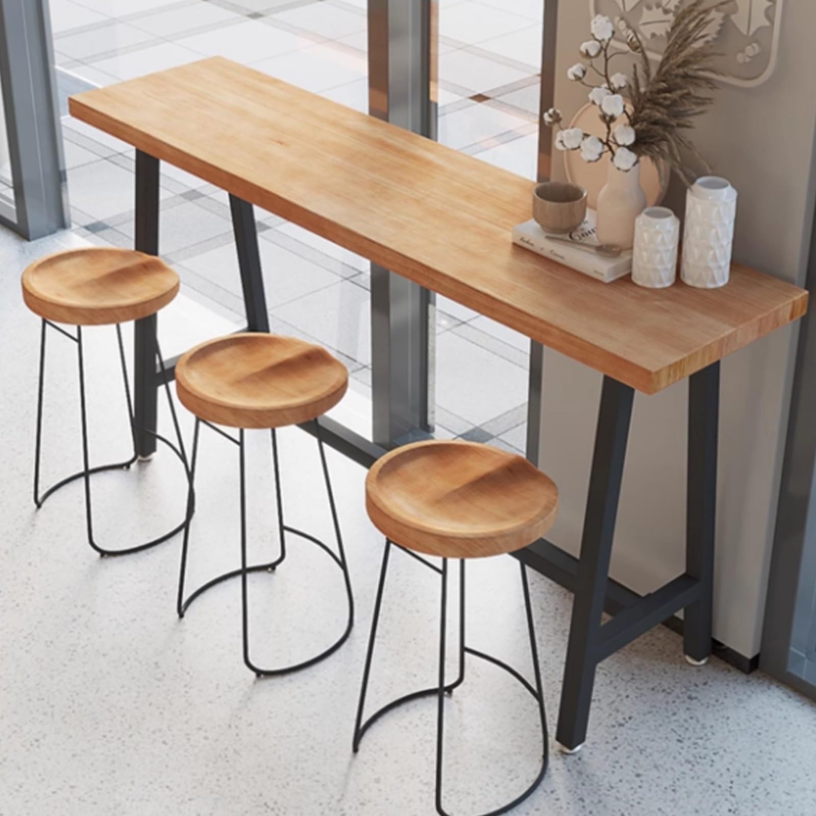 Table rustique longue et étroite en bois véritable et piétement industriel