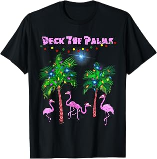 Pink Flamingos Christmas Palm Tree Tropical Xmas Santa Hat T-Shirt
