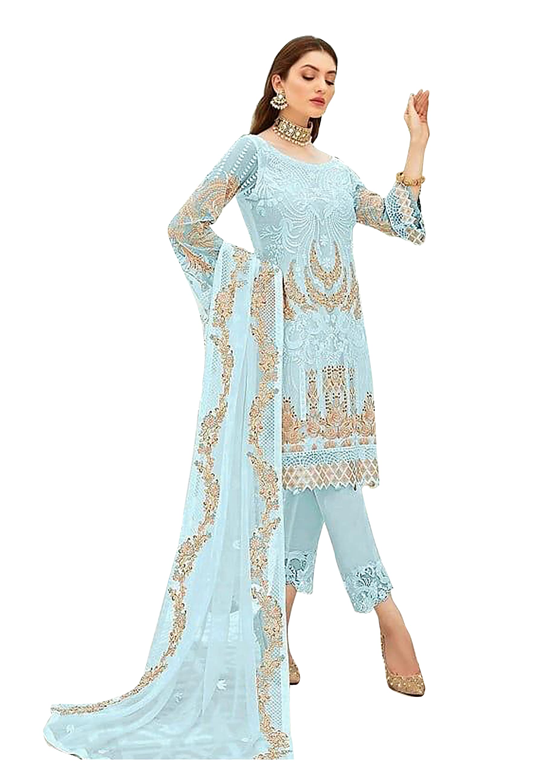 Miss Ethnik Women's Faux Georgette Semi Stitched Top With Unstitched Santoon Bottom and Nazmin Dupatta Embroidered Straight Kurta Dress Material (Pakistani Salwar Suit)