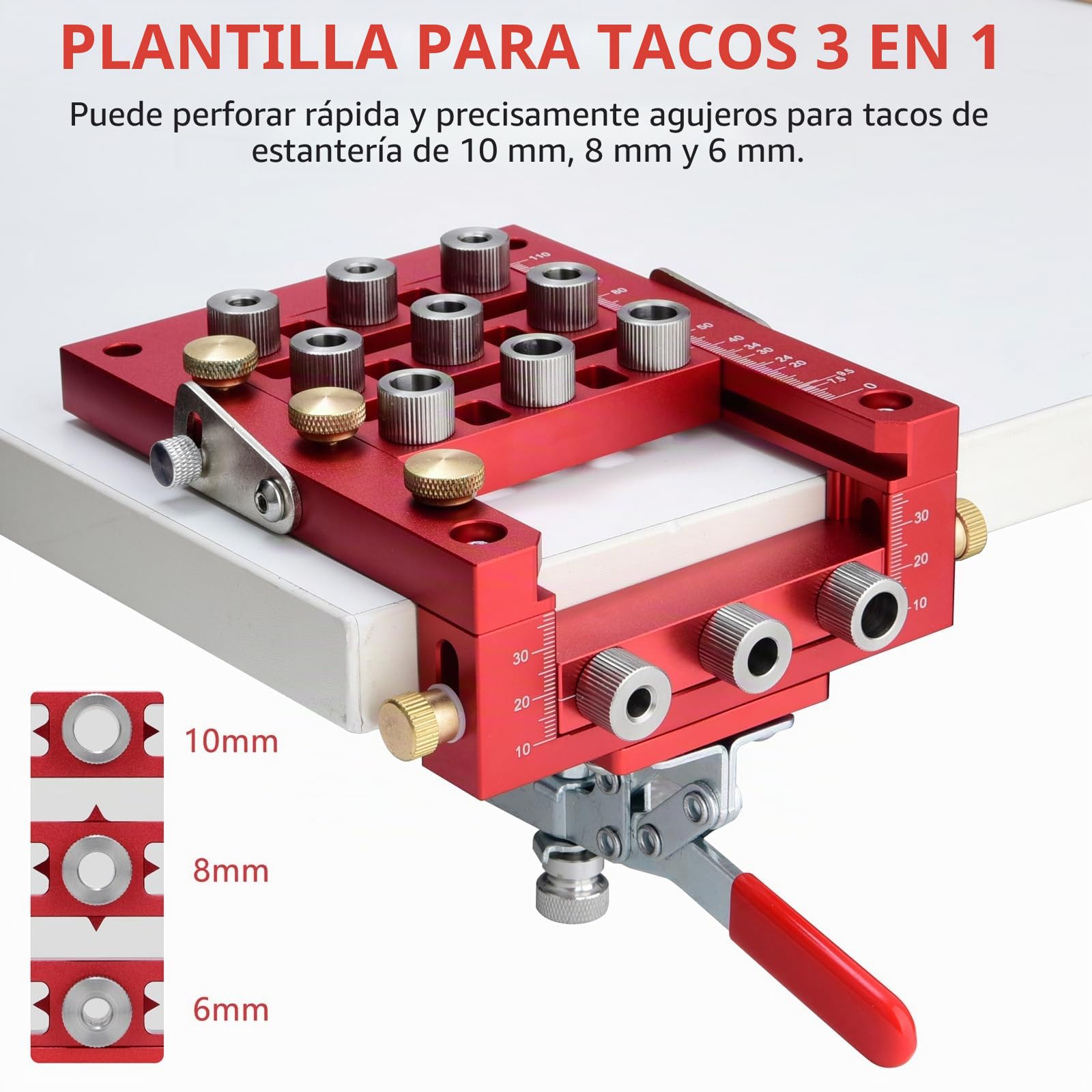 Plantilla para Pasadores 6/8/10mm, Guía de Bisagra 35/20/15/10/8/6mm, Localizador Perforación de Agujeros Autocentrante con Escala Precisa, para Gabinetes, Muebles Paneles, Carpintería Bricolaje