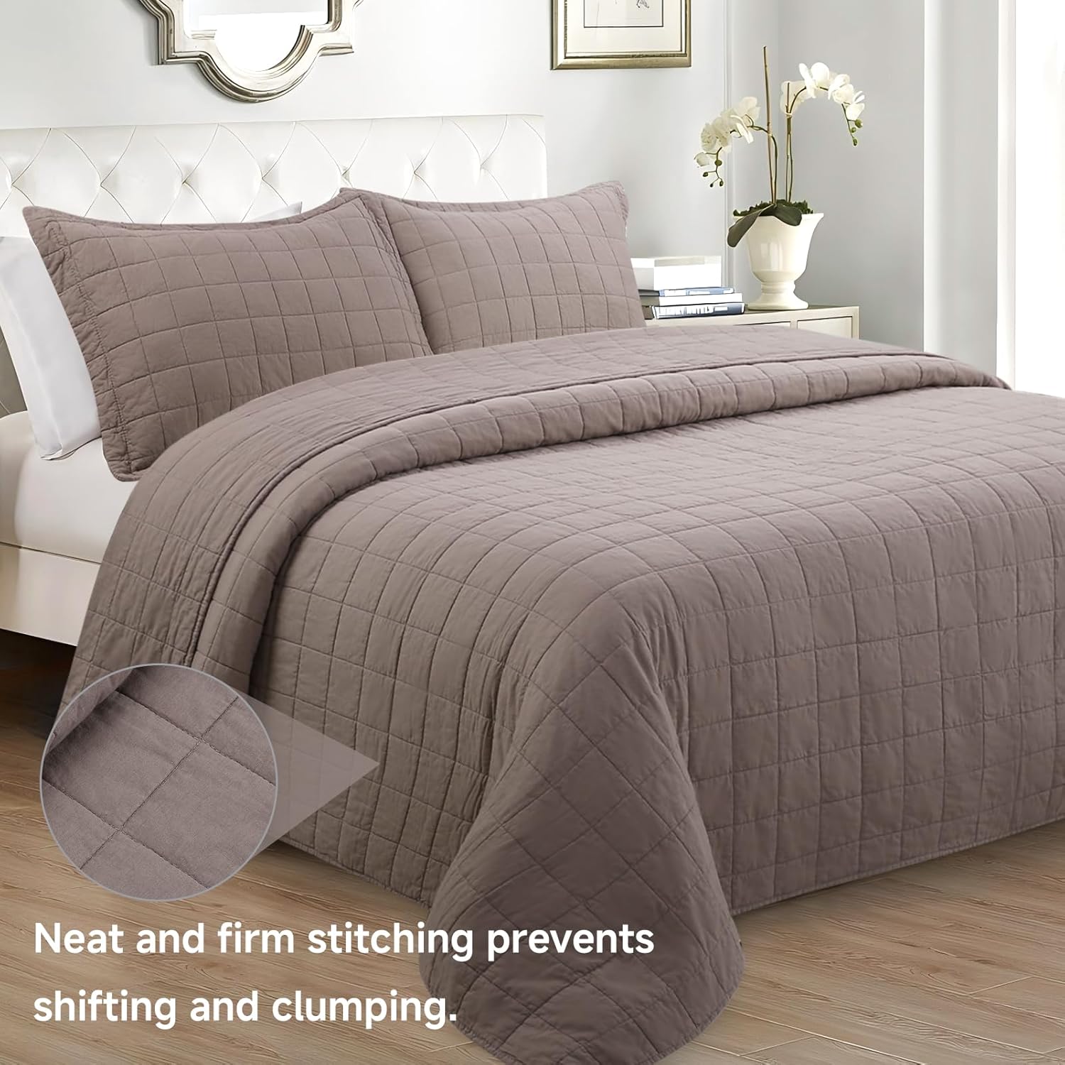 Quilt King Size Bedding Sets - 100% Cotton Lightweight Luxury Comforter Set, Oversized Stitching Quilted Bedspread Coverlet Sets with 2 Pillowcase Suitable for All Season, Brown - Image 6