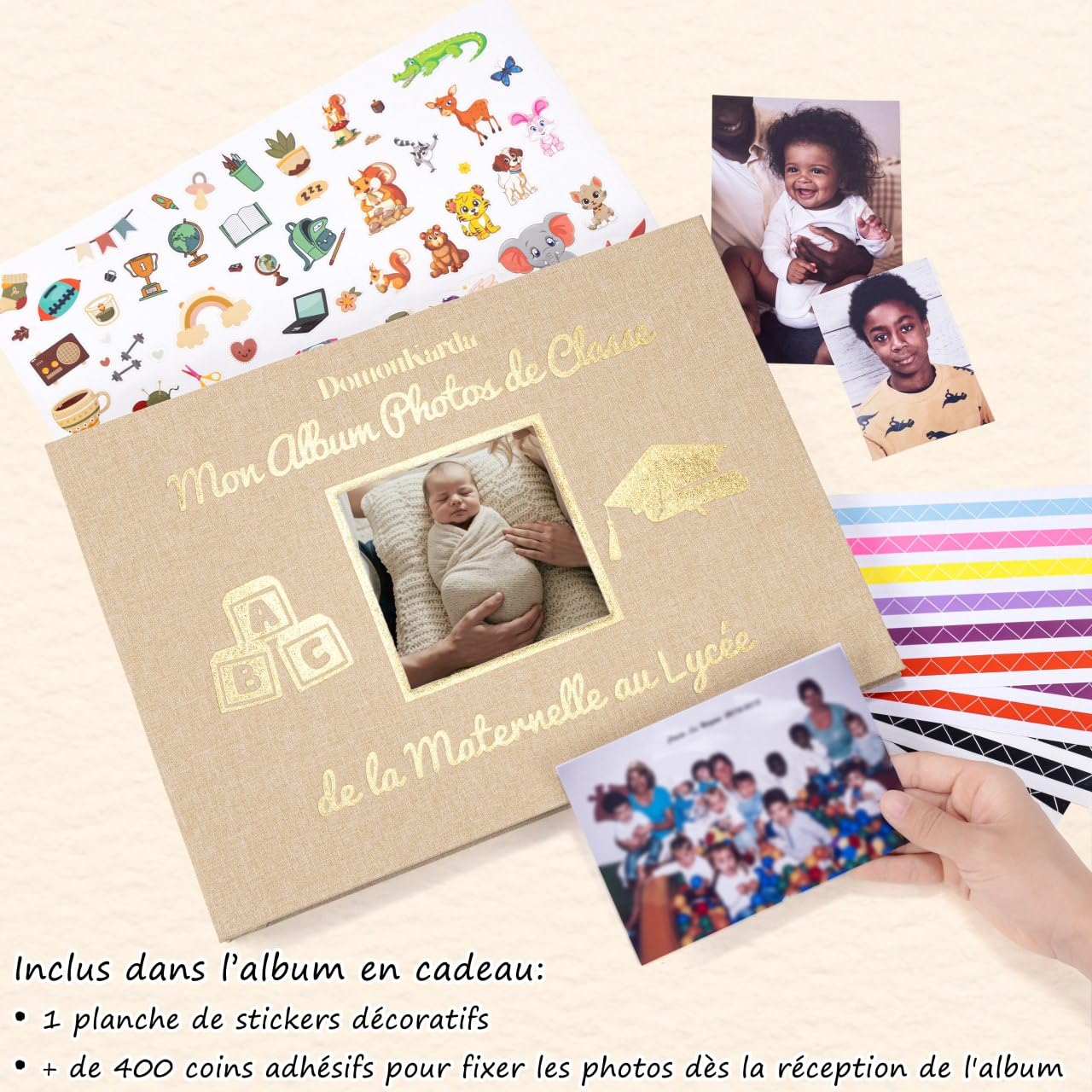 Album photos de classe PREMIUM dans sa box – Mon Album Photos de Classe de la maternelle au lycée – 98 pages – album photos scolaire enfant – stickers images et colles offerts – livre souvenir enfant