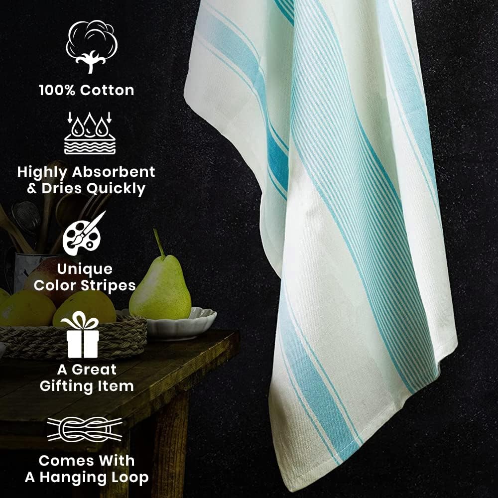 Stripe Kitchen Towels Decor Hanging Loop Dish Towels Boho Stripe Absorbent Festive Gift Set of 6 Pantry Kitchen Reversible 18x28 in Dish Towels|Vintage Farmhouse Style|Turquoise