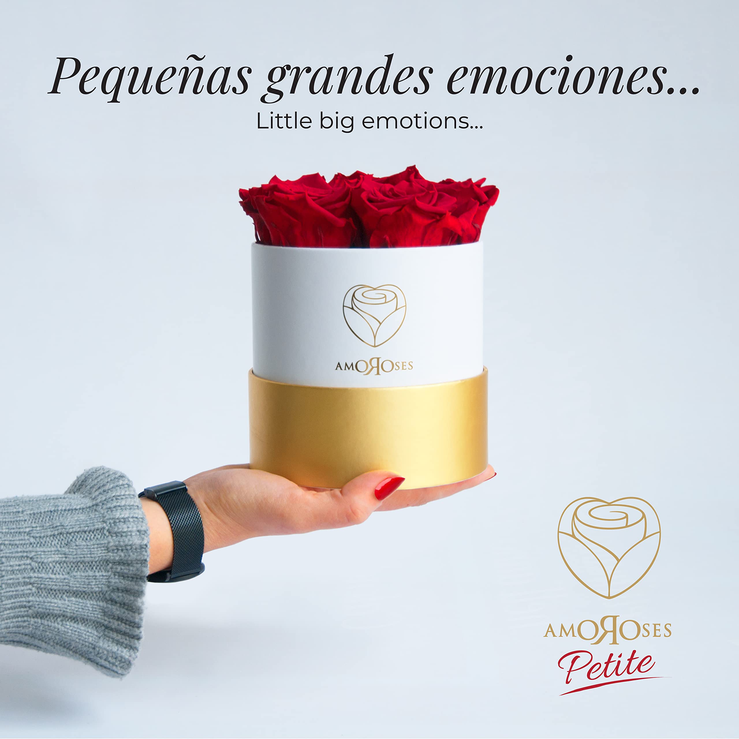 Amoroses Petite - Caja de Regalo 5 Rosas Eternas Estabilizadas - Elegante Ramo de Flores Reales | Idea de regalo (Petite Caja Blanca con Rosas Rojas)