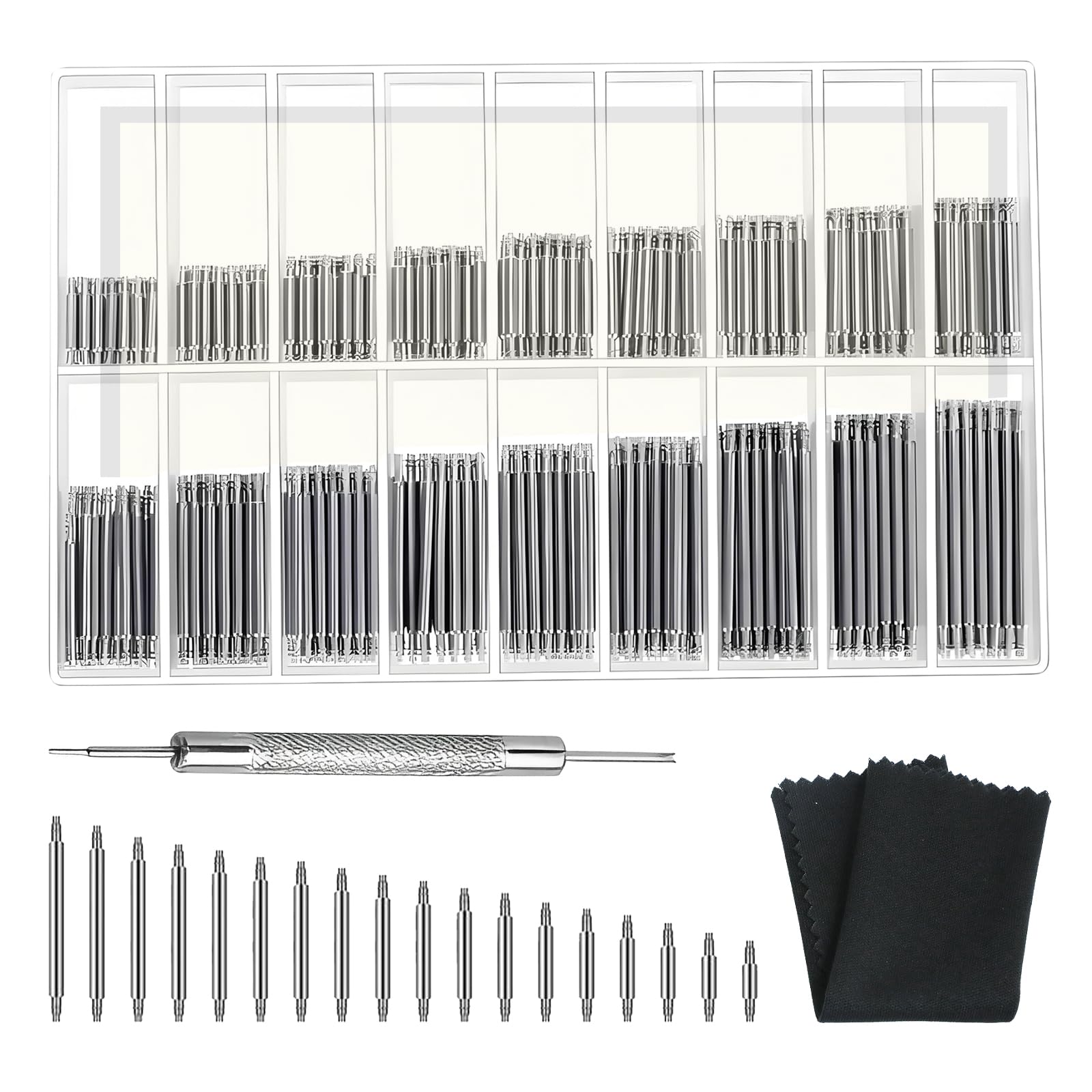 Gabrella 360 Pcs Watch Band Pins Kit, 8mm-25mm Professional Watch Spring Bar Diameter 1.5mm with Bands Strap Link Pin Remover Repair Tool, Suitable for Most Kinds of Stainless Steel Watch Pins