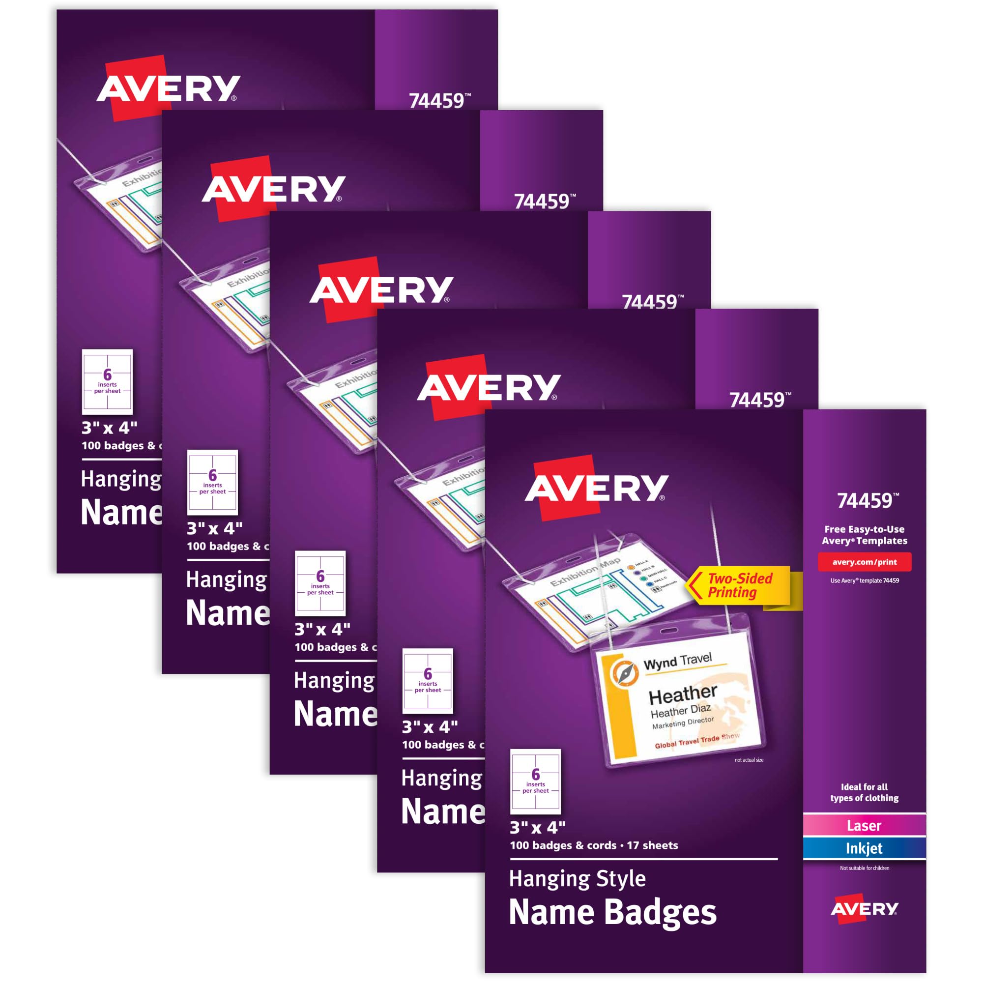 Avery Customizable Name Badges, Includes Cords, 3" x 4", Laser/Inkjet Printable Inserts, 100 Name Tag Holders per Pack, 500 Total (5 Packs of 74459)