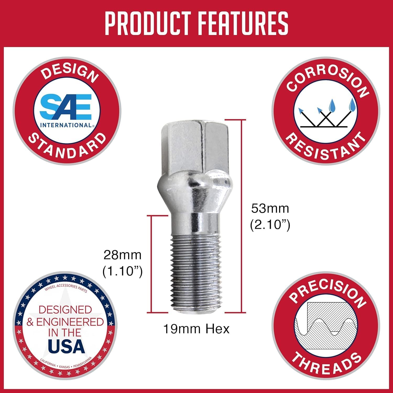 Wheel Accessories Parts 20 Pcs M12 x 1.25 12x1.25 Acorn Seat Lug Bolts 19mm Hex 28mm Thread Length Chrome Finish Chrysler 200 ｜ 2016+ Jeep Cherokee ｜ 2017+ Jeep Compass