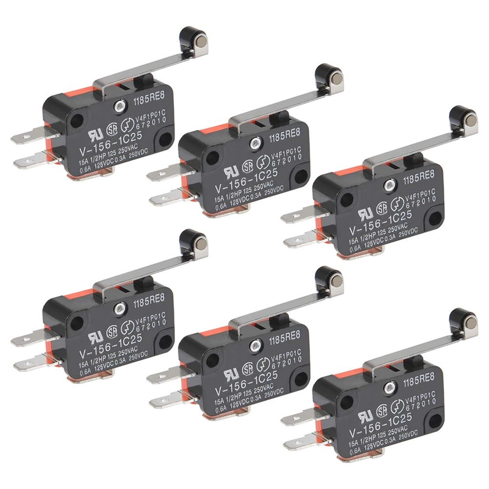 THE WHITE SHOP 6PCS Travel Switch V-153-1C25 Microswitch Limit Switch Long handle with roller pendulum OV-153-1C25