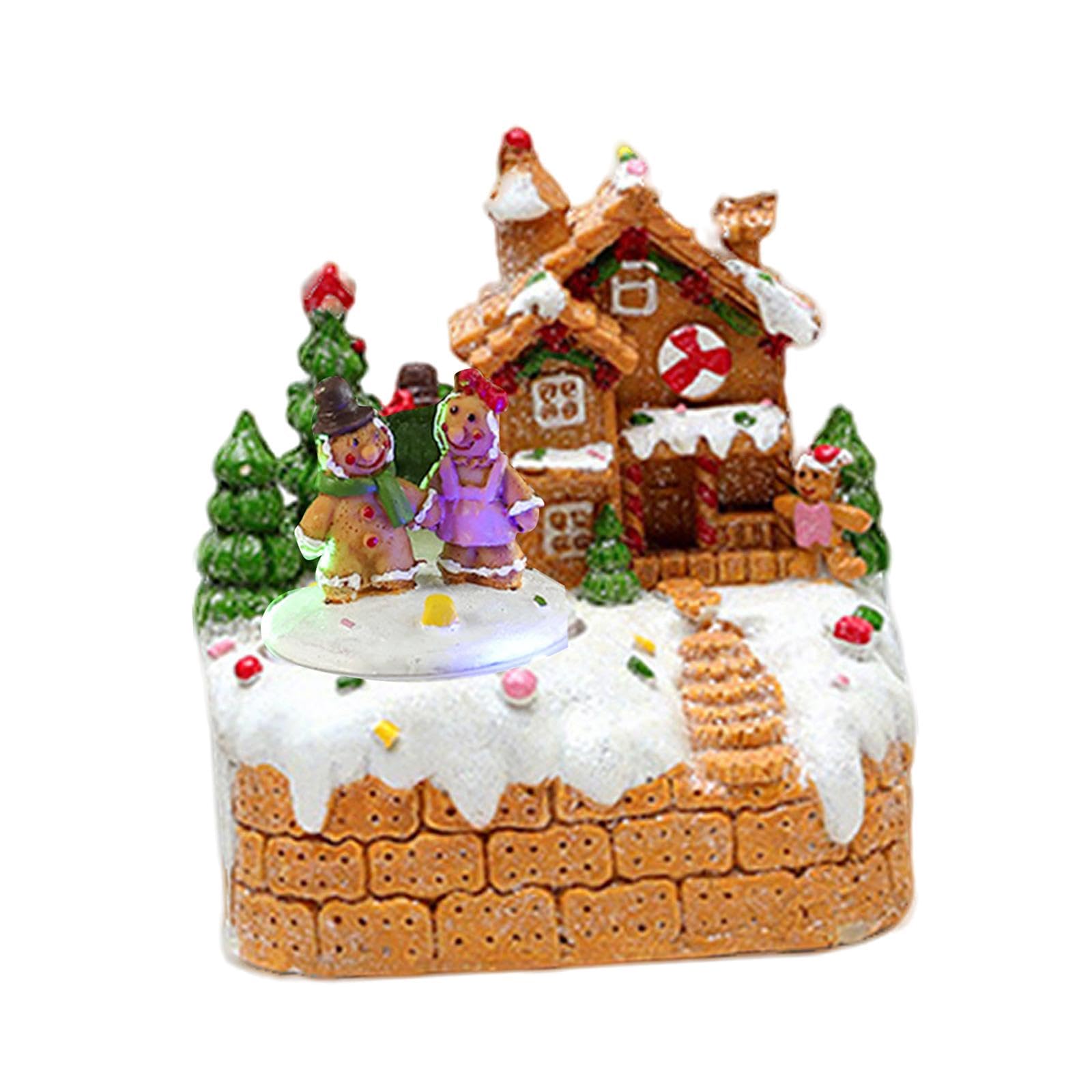 Carillon Natalizio Casa Musicale Ornamentale Villaggio Natalizio Luminoso Decorazione in Resina a Tema Neve Adatto per Tavolo Interno Camera Bambini, 2 Omini di Pan di Zenzero