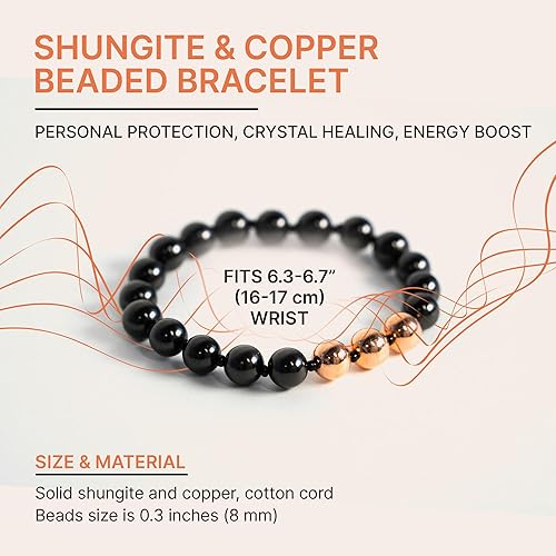 Miniatura 2 de Karelian Heritage Shungite Stones Elastic Stretchy Bracelet with 3 opper Plated Beads Authetic Shungite Crystal Jewelry Protective Powerful