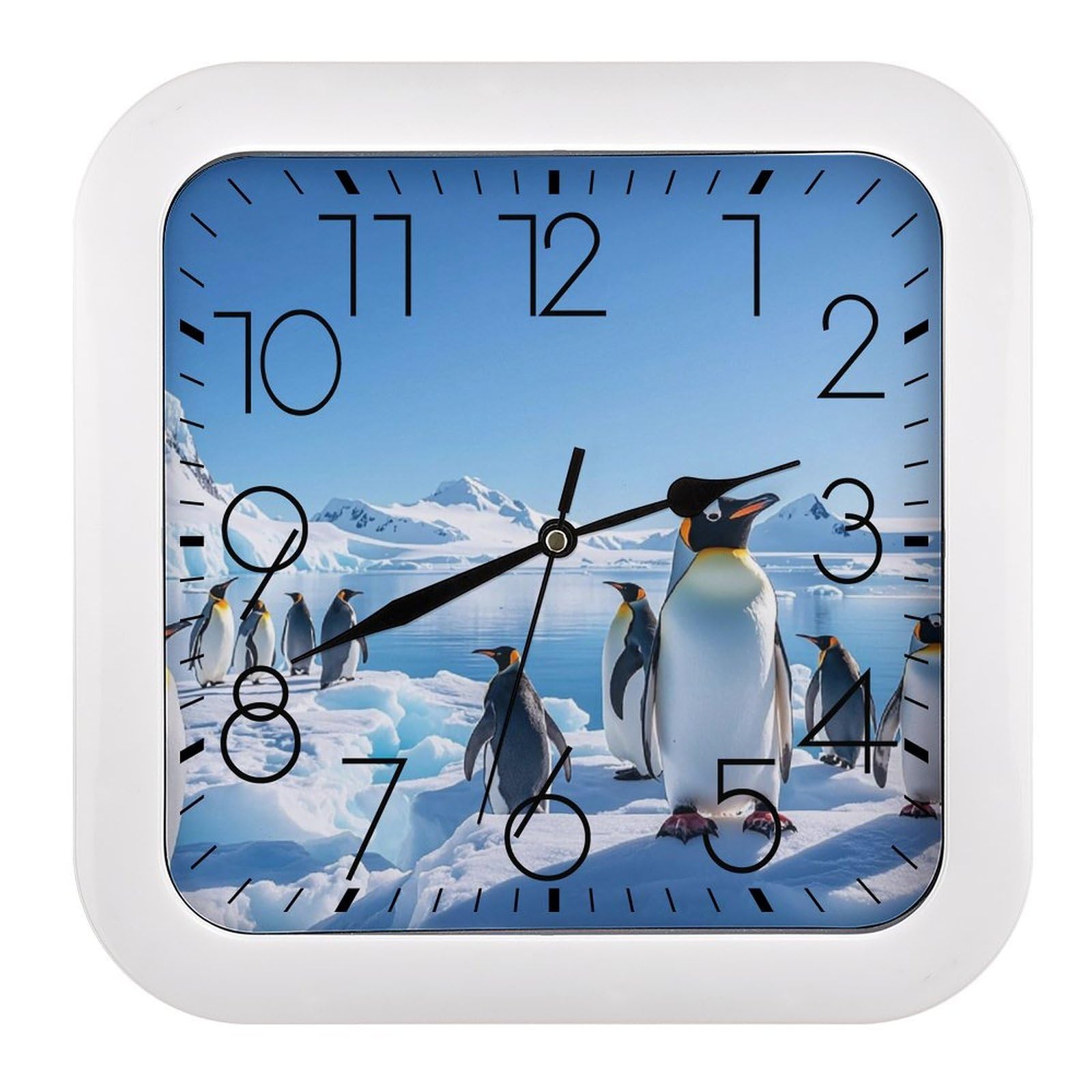 FekiLoot Penguin Antarctica Ice Wall Clock Battery Operated Square Decorative Wall Clocks Silent Non Ticking Analog Clock Modern Retro Vintage Wall Clocks for Kitchen Living Room Office 10.2 Inch