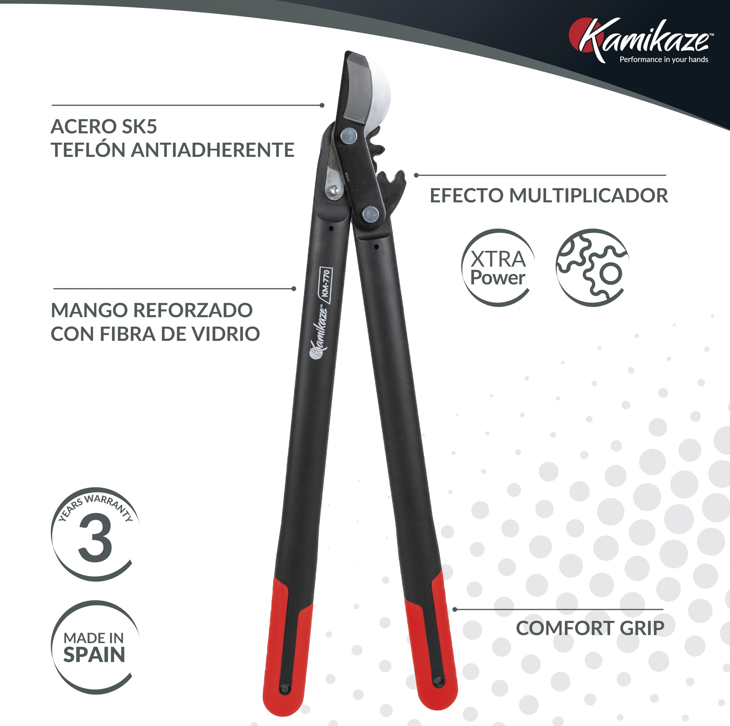 KAMIKAZE KM770 Tijera de Dos manos para Poda de Arboles. Corta ramas con Sistema Multiplicador de Fuerza. Tijera de Poda para Madera con Mangos Ergonómicos Ideal para Ramas de 50mm. Longuitud 72cm