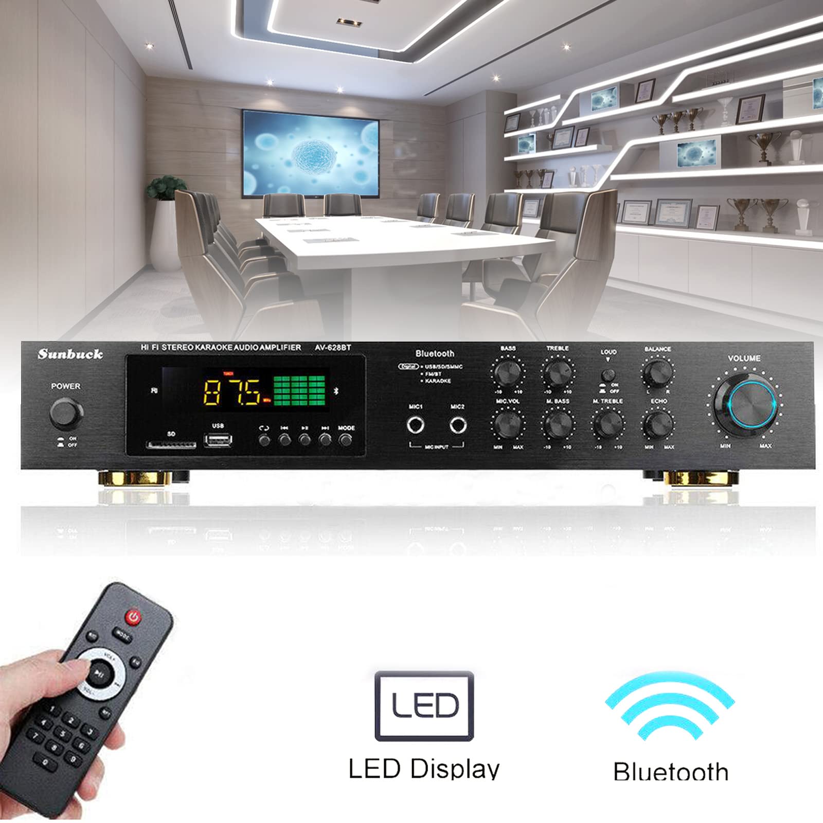 Amplificador de alta fidelidad, 5 canales, FM, USB, estéreo, amplificador, amplificador, 600 W, con mando a distancia para HiFi, Home Cinema o Pa pequeño y karaoke