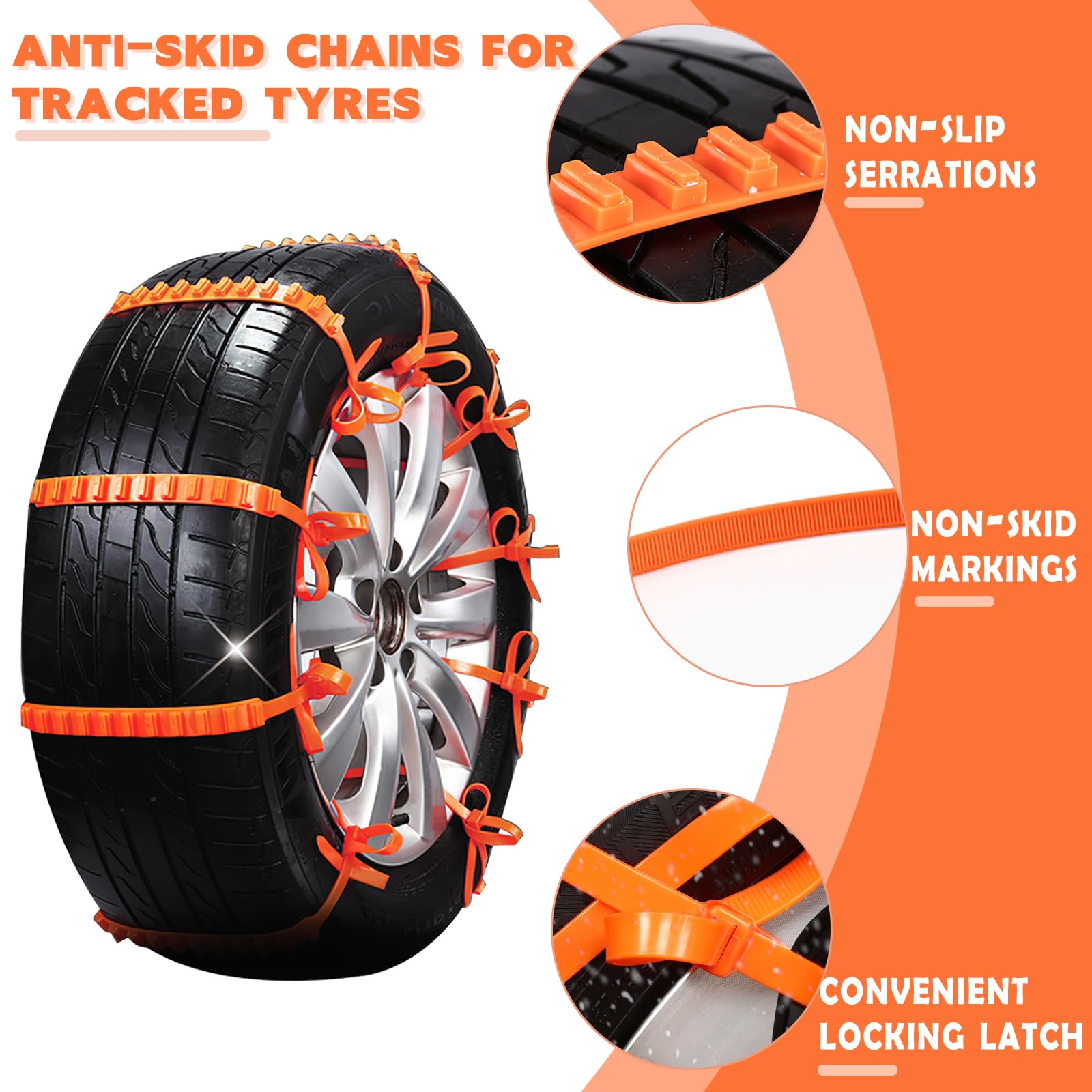 Schneeketten Wiederverwendbar,Darryy Auto Schneeketten 10 Stück,Schneereifen Ketten Universal,für Verschiedene raue Straßenbedingungen wie Schnee Schlamm Klettern und Eis (Orange)