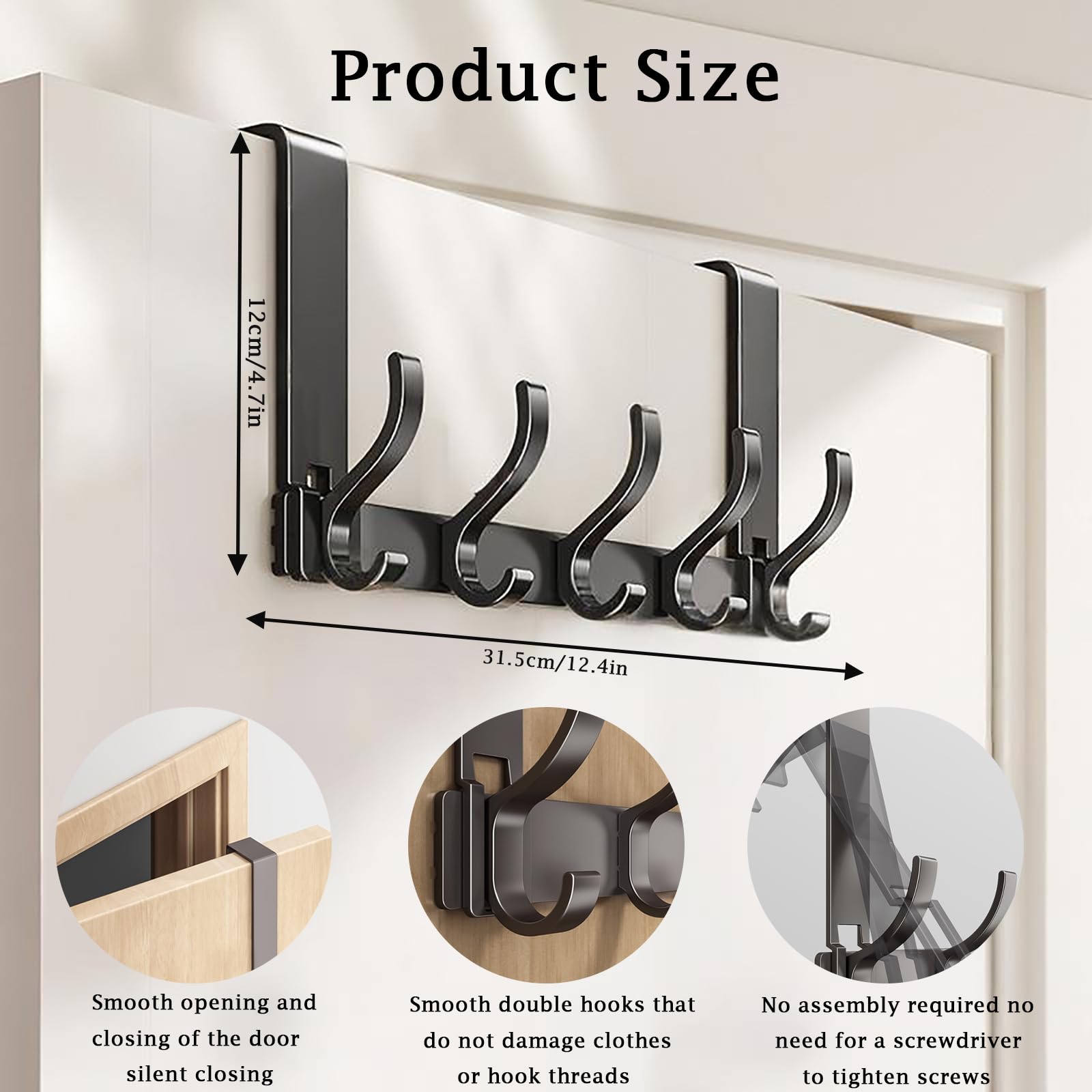 YDYxieji Over Door Hooks, Over Door Hanger with 5 Hooks, Can Hold 10 Items, Heavy Duty Door Hooks for Coat Towel - Image 2
