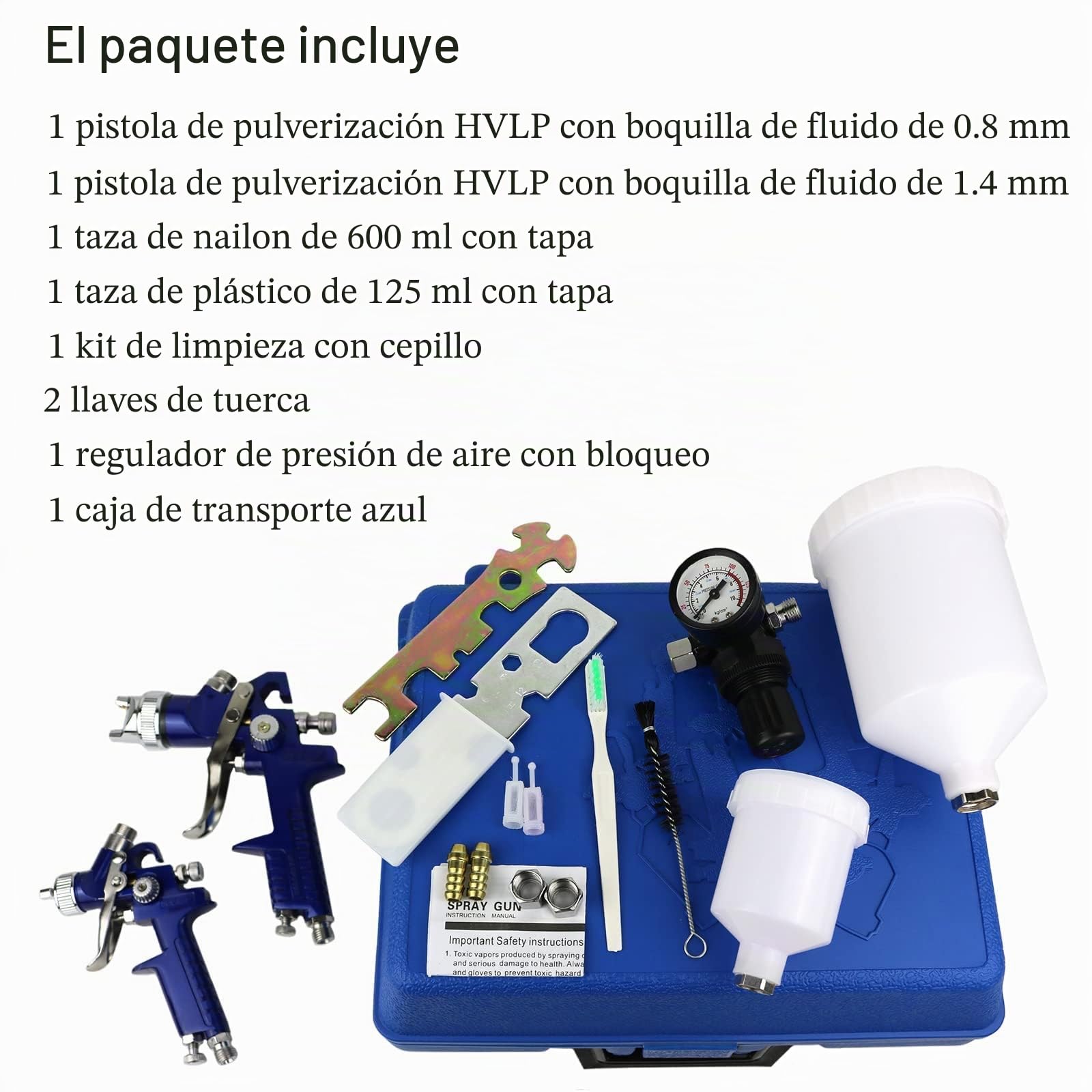 Juego de 2 pulverizadores de pintura HVLP, boquilla de 0.8 mm y 1.4 mm, kit profesional de pistola pulverizadora de alimentación por gravedad de aire con herramienta de pintura de taza de 125 ml y 600