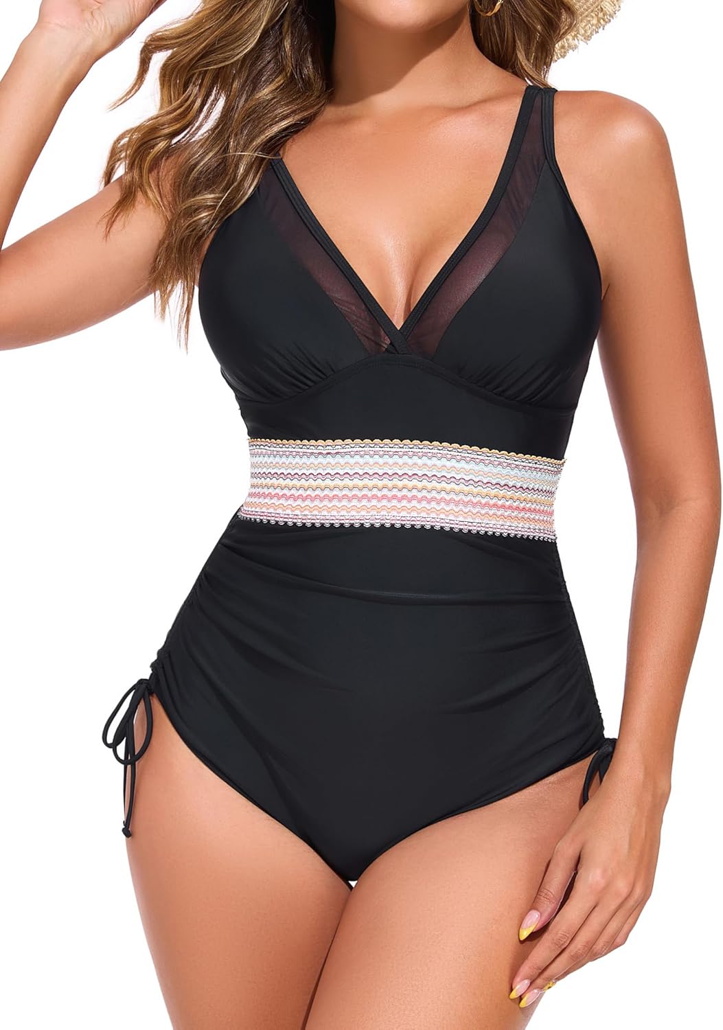 Smismivo Womens One Piece Tummy Control Swimsuit Slimming Push Up Mesh Bathing Suit Color Block Drawstring Swim Suits