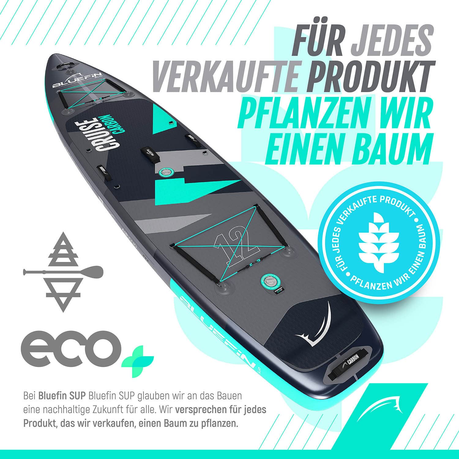 Bluefin SUP Aufblasbares Stand Up Paddle Board | Cruise Carbon SUP Board | Mit weiteren Zubehörteilen wie Pumpe, Tragetasche und Paddel | Mehrere Größen: 10'8, 12'