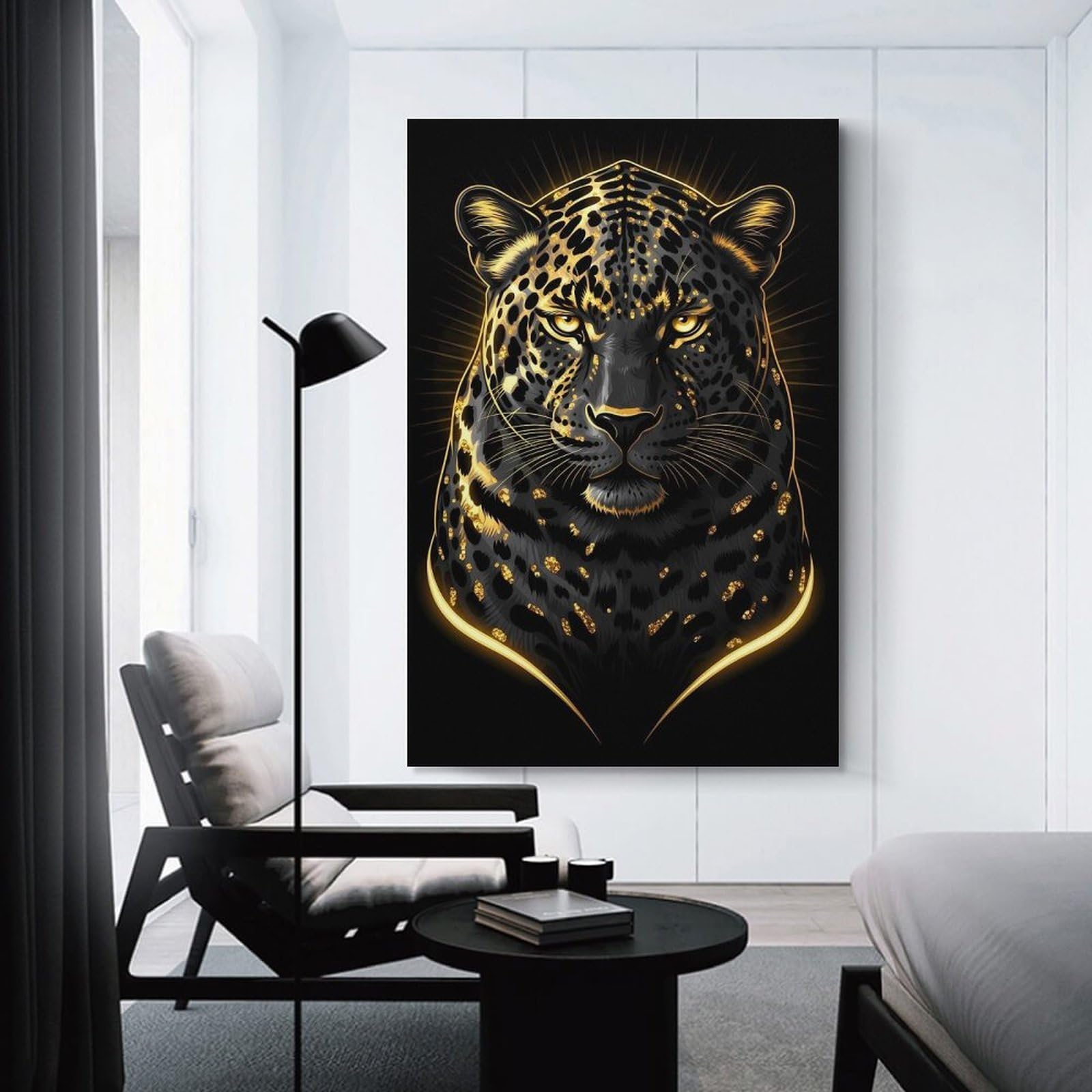 Junmoney Unframe-Style-6 Golden Leopard Portrait On Black Background Wall Picture Print, 08X12inch(20X30cm), For Lounge, Study, Hallway Or Flat Walls, Canvas Wall Art That Fits Changing Layouts