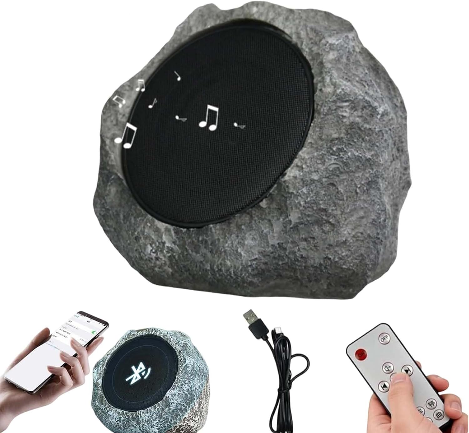 Solar Powered Rock Speakers Outdoor Waterproof, Bluetooth 5.0 Wireless Stereo Speaker for Patio Pool Garden Yard, Solar & USB Charging, Remote Control, Link Up to 20 Speakers, Weatherproof (1PCS)