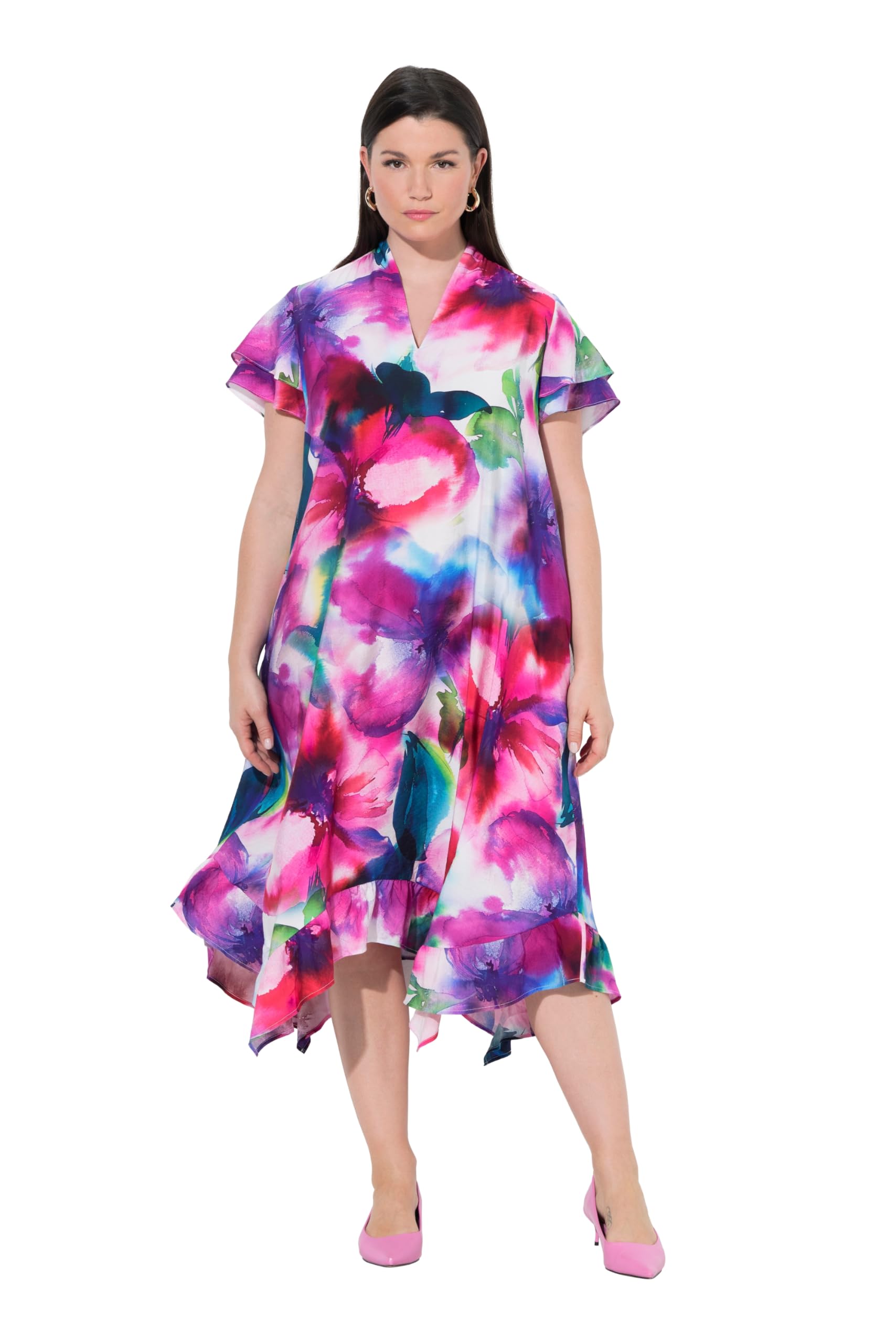 Ulla Popken Damen große Größen Übergrößen Plus Size Midikleid, Aquarellblüten, A-Linie, Kelchkragen, Kurzarm 848540