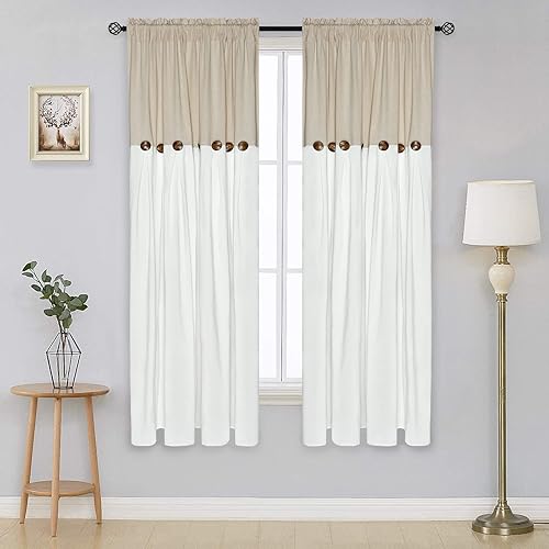 ASPMIZ Farmhouse Country Curtains, Rustic Boho Rod Pocket Window Curtain Panels for Living Room Bedroom Decor, Cotton Blend Button Window Drapes, Set of 2 Panels, Linen Color, 52 x 63 Inch Length