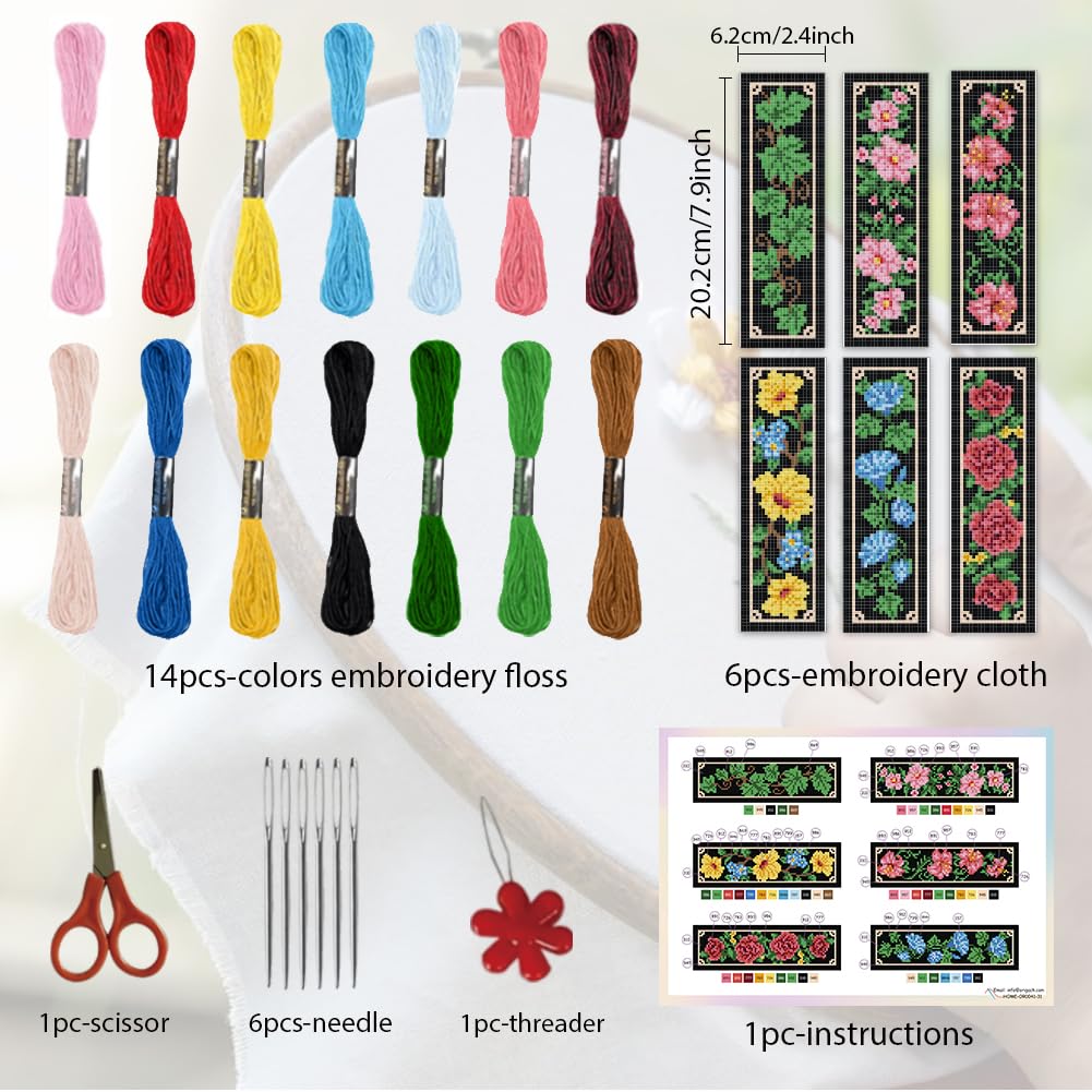 ORIGACH 6 Set Floral and Vine Cross Stitch Bookmark Kit for Beginner with Backing Felt Floss Instructions DIY Stamped Embroidery Bookmark Kit for Adults Book Lovers - Image 2