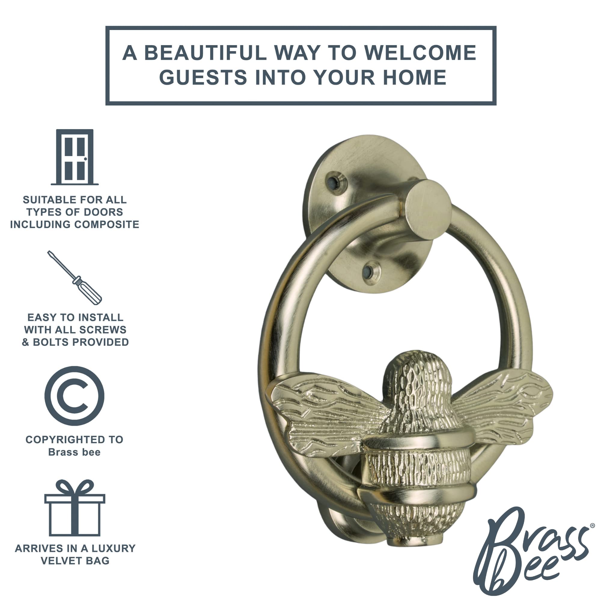 Brass Bee Kratki do drzwi Ring - Kocer do drzwi trzmieli z litego mosiądzu - klamki do drzwi od Brass Bee
