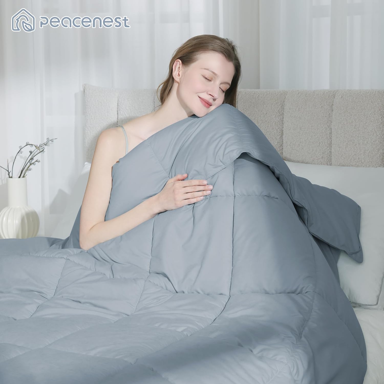 Peace nest Queen Size Goose Feather Fiber and Down Comforter Fluffy Duvet Insert All Season Hotel Luxury Bedding Comforters Soft Medium Warmth 88x88 Inches Light Grey