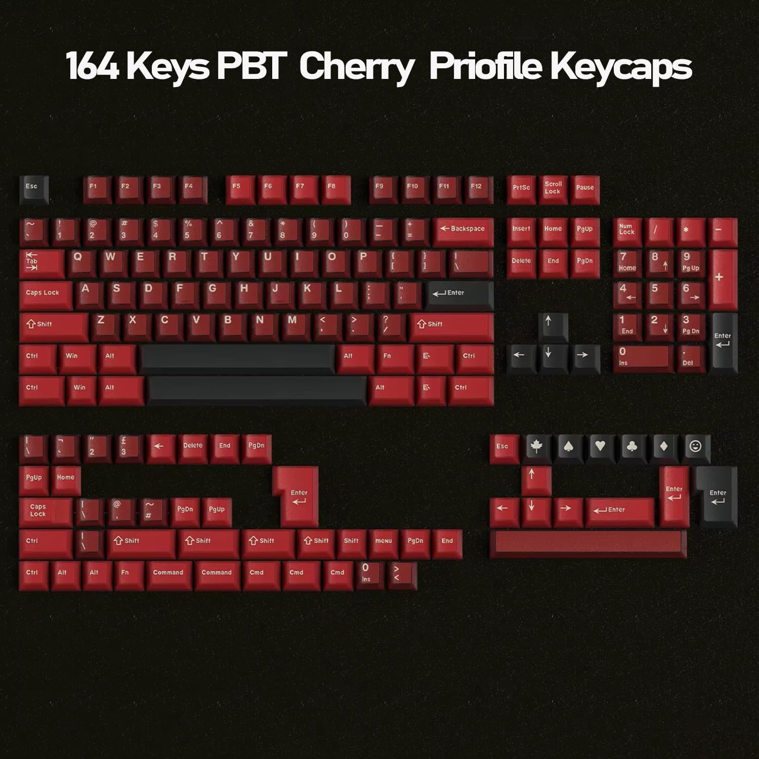 PBT Keycaps Set 164Keys Cherry Profile Red Black Keycaps 60% 65% 75% 100% Dye Sublimation Costom Key caps for Cherry Gateron MX Switches Mechanical Keyboards