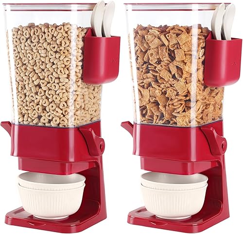 Dispensador de cereales para encimera, color rojo, paquete de 2 con cuencos Creal, cucharas, caja de cubiertos, contenedores de cereales,
