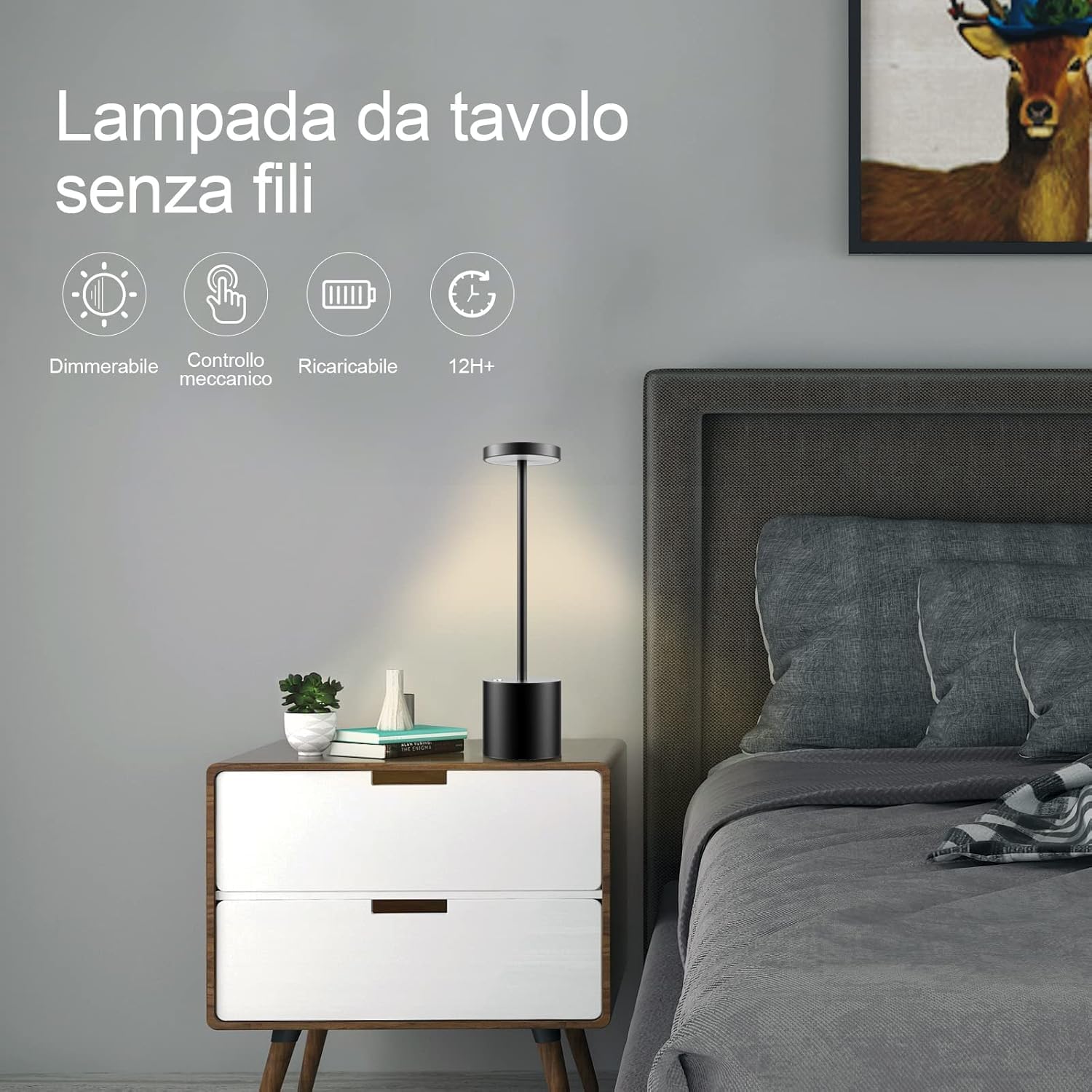 5 Pezzi Lampada da Tavolo Touch, Ricaricabile, Senza fili, dimmerabile, Colore Nero, con 3 intensità di luce - CW968-5pz