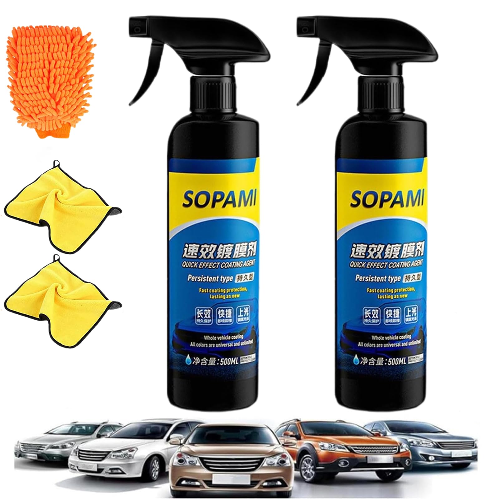 Sopami Quick Effect Coating Agent, 500 ml Sopami Quick Effect Coating Agent, 3 w 1 High Protection Quick Car Coating Spray Hydrophobic Trim Coating, Car Scratch Wax Polish Spray Waterless Wash (2 szt