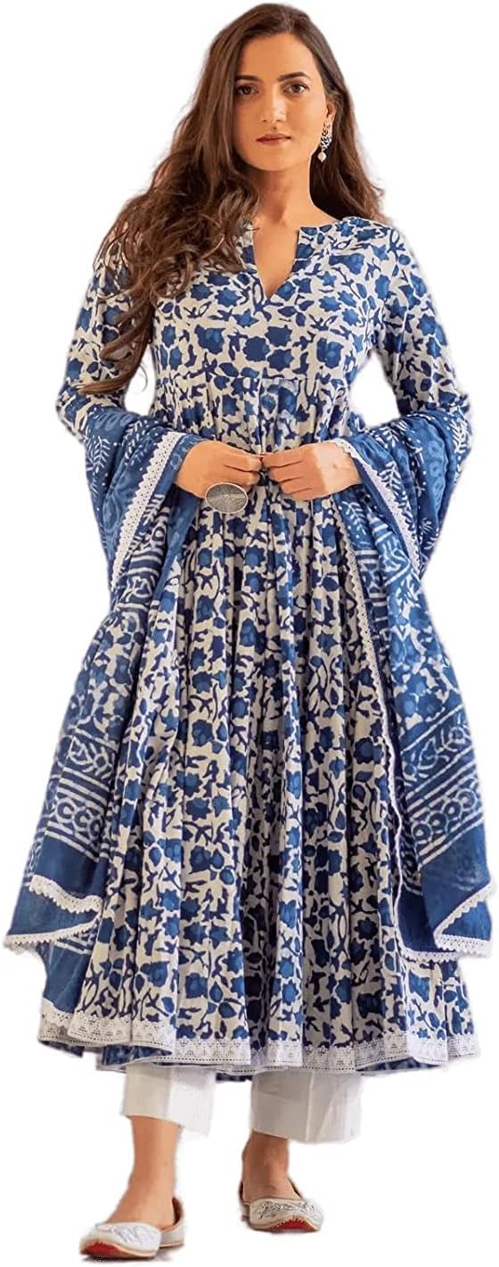 Women's Cotton Printed Anarkali Kurta with Palazzo & Dupatta Set