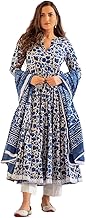 MEERA FAB Women's Cotton Printed Anarkali Kurta with Palazzo & Dupatta Set