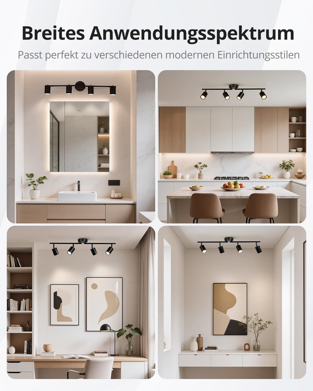 Gr4tec Deckenstrahler Schwarz 4 Flammig, Modern Deckenleuchte Strahler Schwenkbar, Metall Deckenlampe Spots GU10, Küchenlampe Deckenspot für Flur Büro Schlafzimmer (Ohne Leuchtmittel)